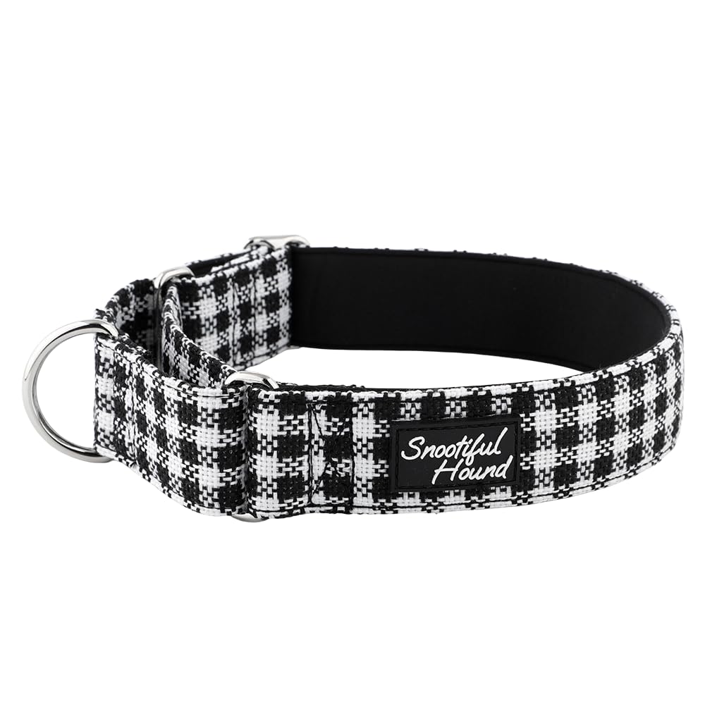 Snootiful Hound Padded Martingale Collar - White & Black Houndstooth - Ideal for Greyhounds, Whippets, Lurchers and All Sighthound Breeds - Anti-Slip Collar (25-30cm)