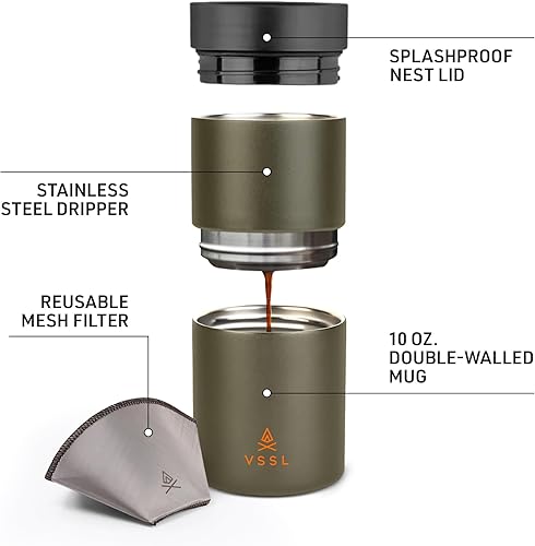 Miniatura 4 de VSSL Nest Pour Over - Juego de café, transportable y compacto, con taza de doble pared de 10 onzas, musgo profundo