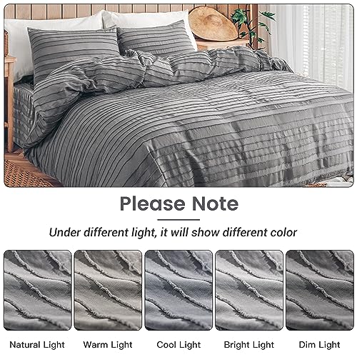 Image of NEXHOME PRO Duvet Cover King Size, Grey 3 Pieces Boho Tufted Duvet Cover Set, Soft and Lightweight Microfiber Comforter Cover Set for All Season (Grey King, 104 x 90)-No Comforter