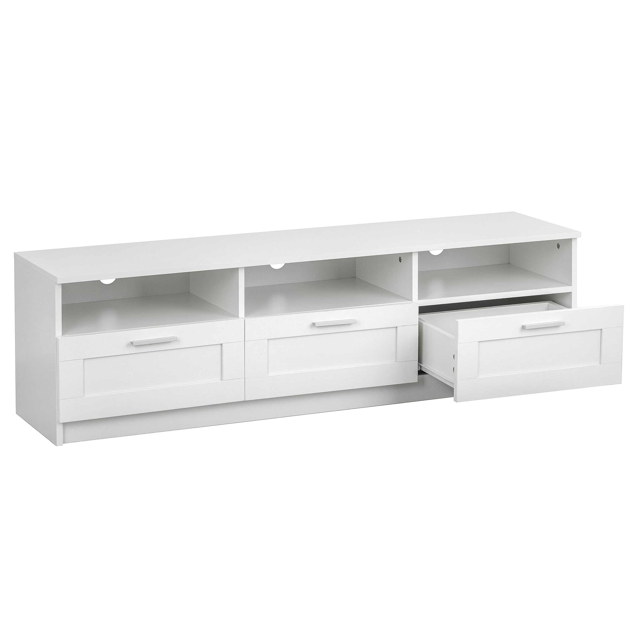 Baroni Home Mobile per Tv con 3 Ripiani 3 Cassetti, Foro per Passaggio Cavi in MDF, Consolle Porta TV per Camera da Letto, Salotto, Cucina, Bianco, 140x33x30 cm