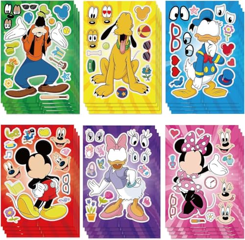 24 Sheets Cartoon Mouse Make-a-face Stickers for Kids Teens, Mixed & Matched with 6 Designed Characters Stickers for Party Decoration, Reward, Decor,...