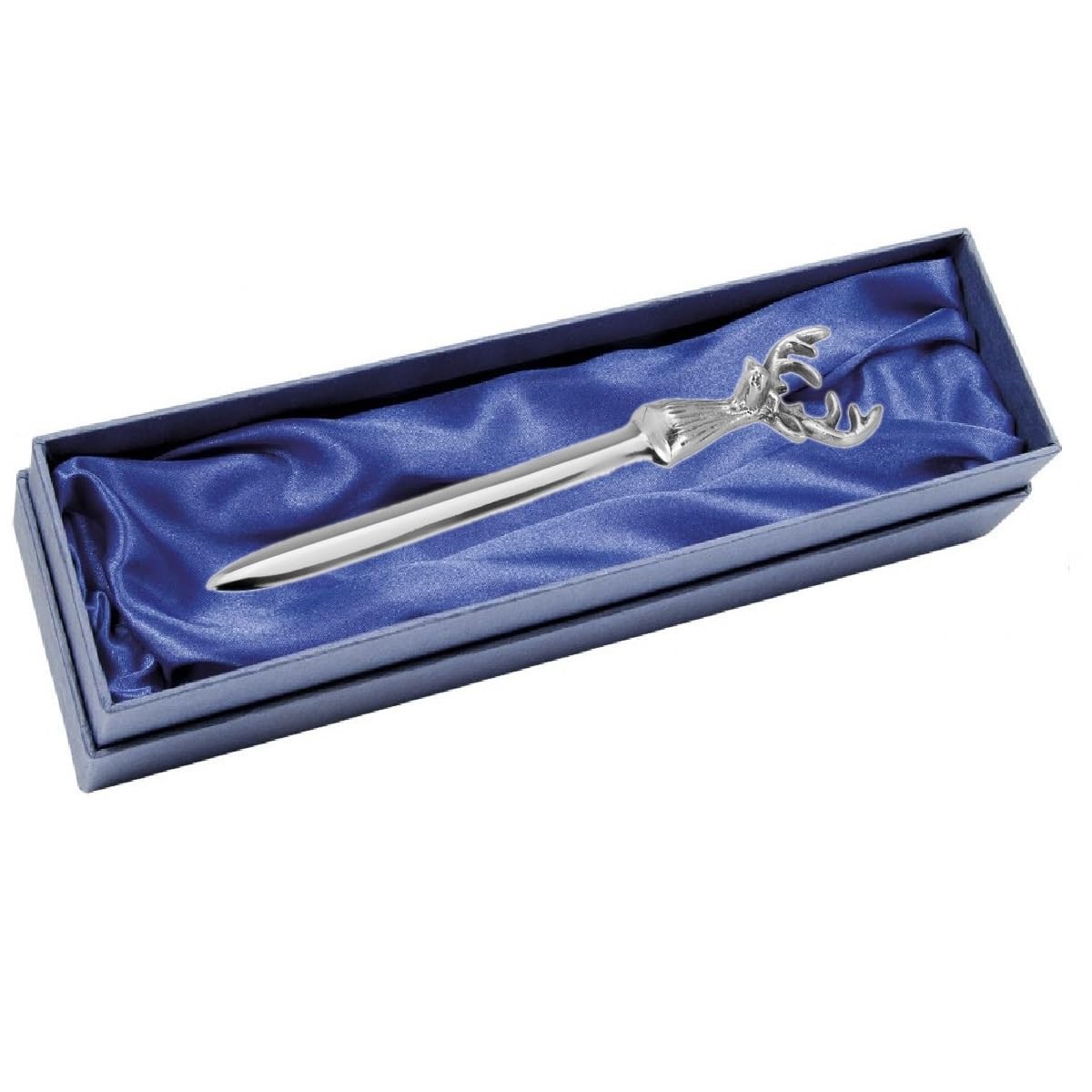Ouvre-lettres tête de cerf en aluminium - 21 cm - Couteau à lettres aspect argent - Avec boîte cadeau - Décoration de bureau élégante