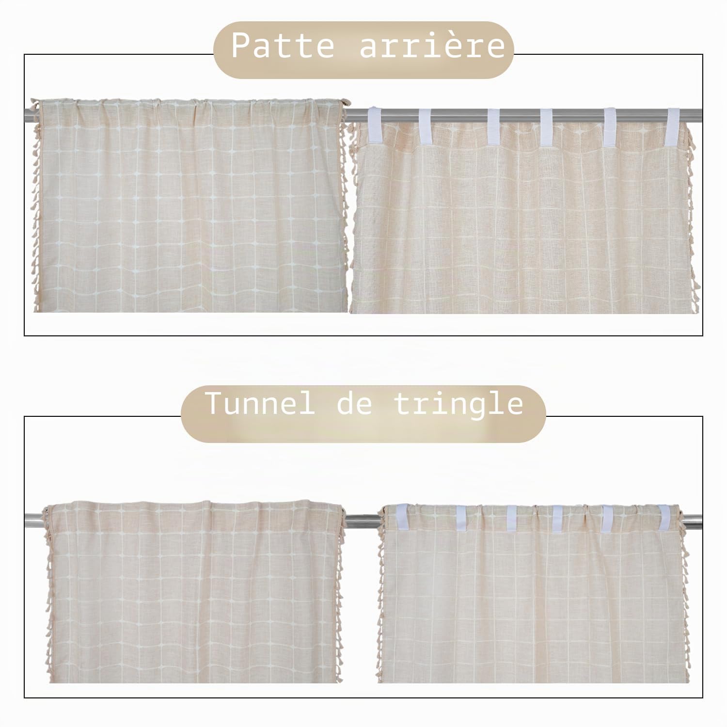 135x175cm Rideau Aspect Lin avec Pompon Boho Beige Carreaux,1 pièce | Style Boheme.Doux Polyester-Lin.Installation de Tringle.Semi-transparent Ombrage.Rideaux pour Salon Chambre Salle à manger.