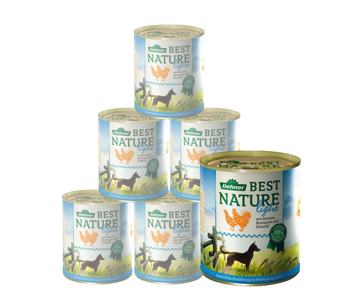 Dehner Best Nature Hundefutter Light, Nassfutter fettreduziert, für übergewichtige Hunde, Huhn / Karotte, 6 x 800 g Dose (4.8 kg)