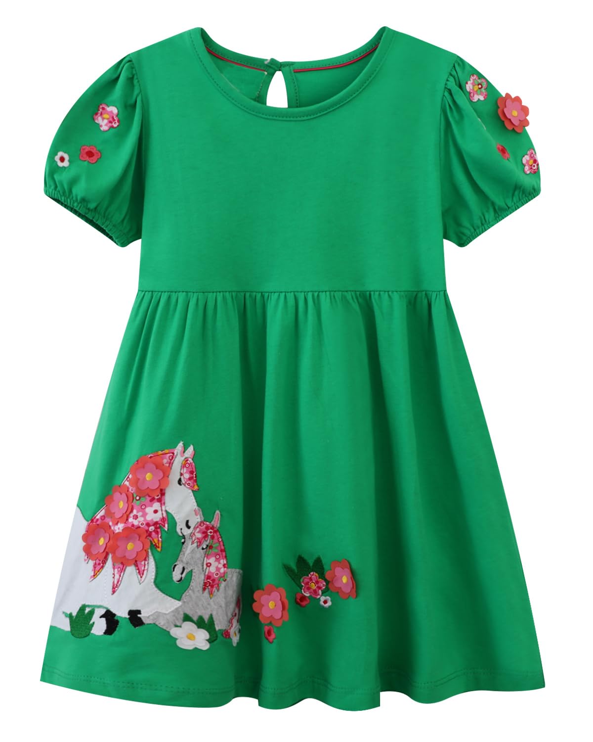 Girls Cotton Long Sleeve Casual Cartoon Appliques Striped Jersey Dresses