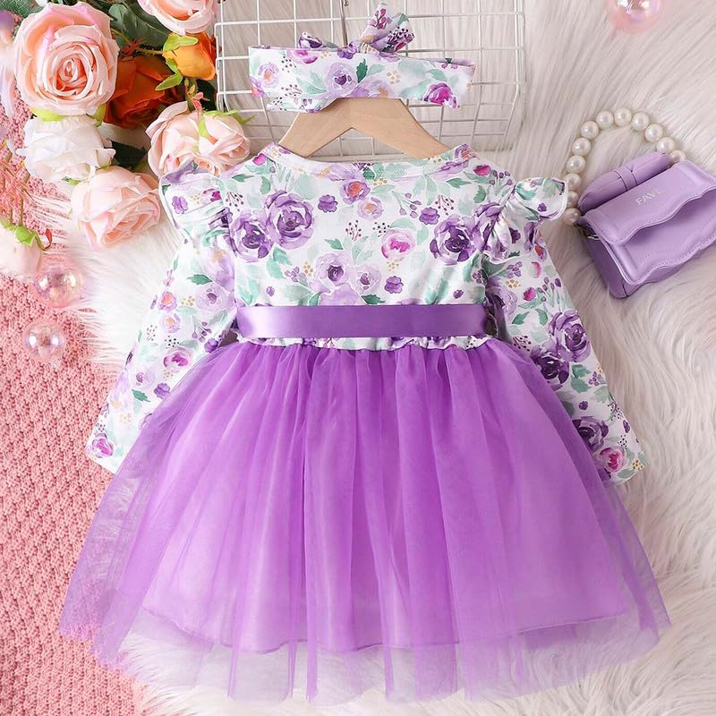 Image of Niren Enterprise Long Sleeve Printed Flower Belted Round Neck Baby Girl Frock with Knee-Length and A-Line Style