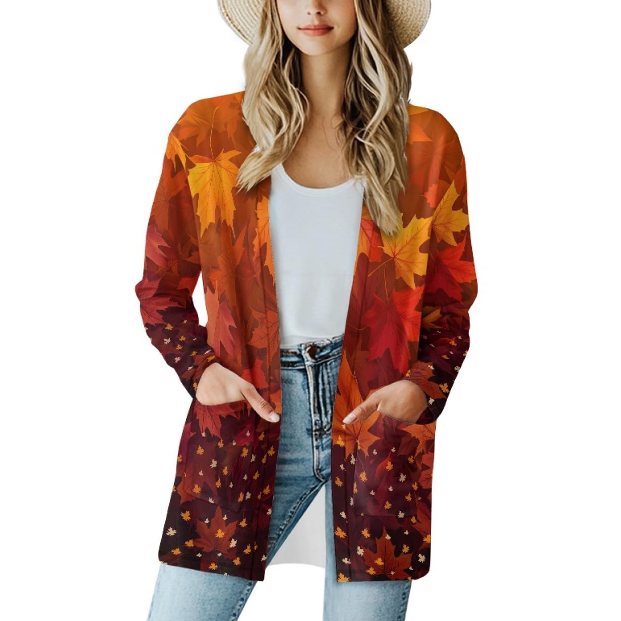Fall Maple Leaf Cardigan Sweaters for Women Long Sleeve Cardigan Soft Drape Open Front Dusters V-Neck Jackets Dressy