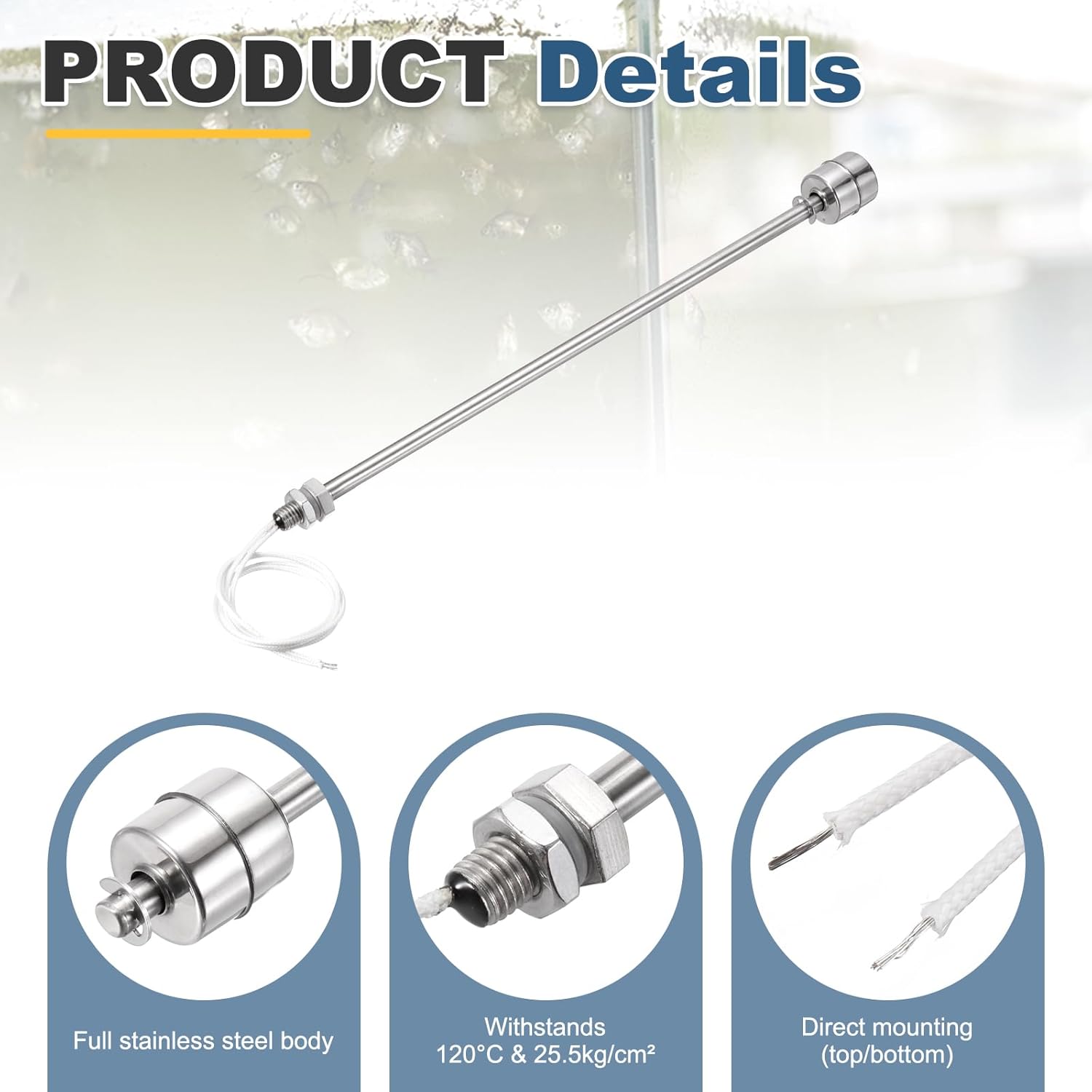 MECCANIXITY Stainless Steel Float Switch, 250mm Rod 110V DC 0.2A Vertical Water Level Sensor M10 Thread Single Tank Liquid Level Controller for Pump/Alarm 1 Pcs