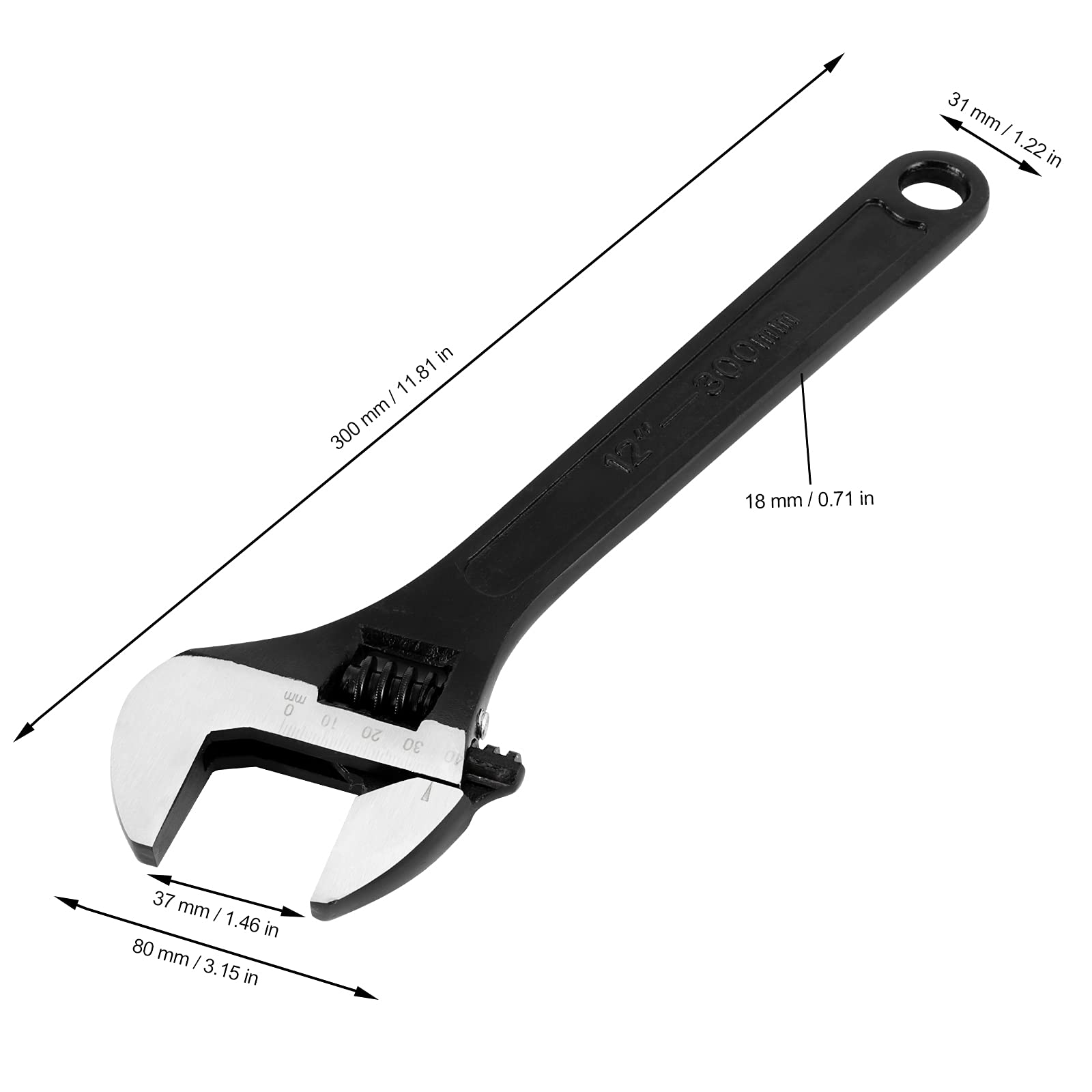 FUNSUEI 2 PCS 12 Inch Black Oxide Adjustable Wrench, Heavy Duty Shifter Movable Spanner with 40 mm Wide Jaw Capacity, Heat-Treated Forged Alloy Steel, Metric
