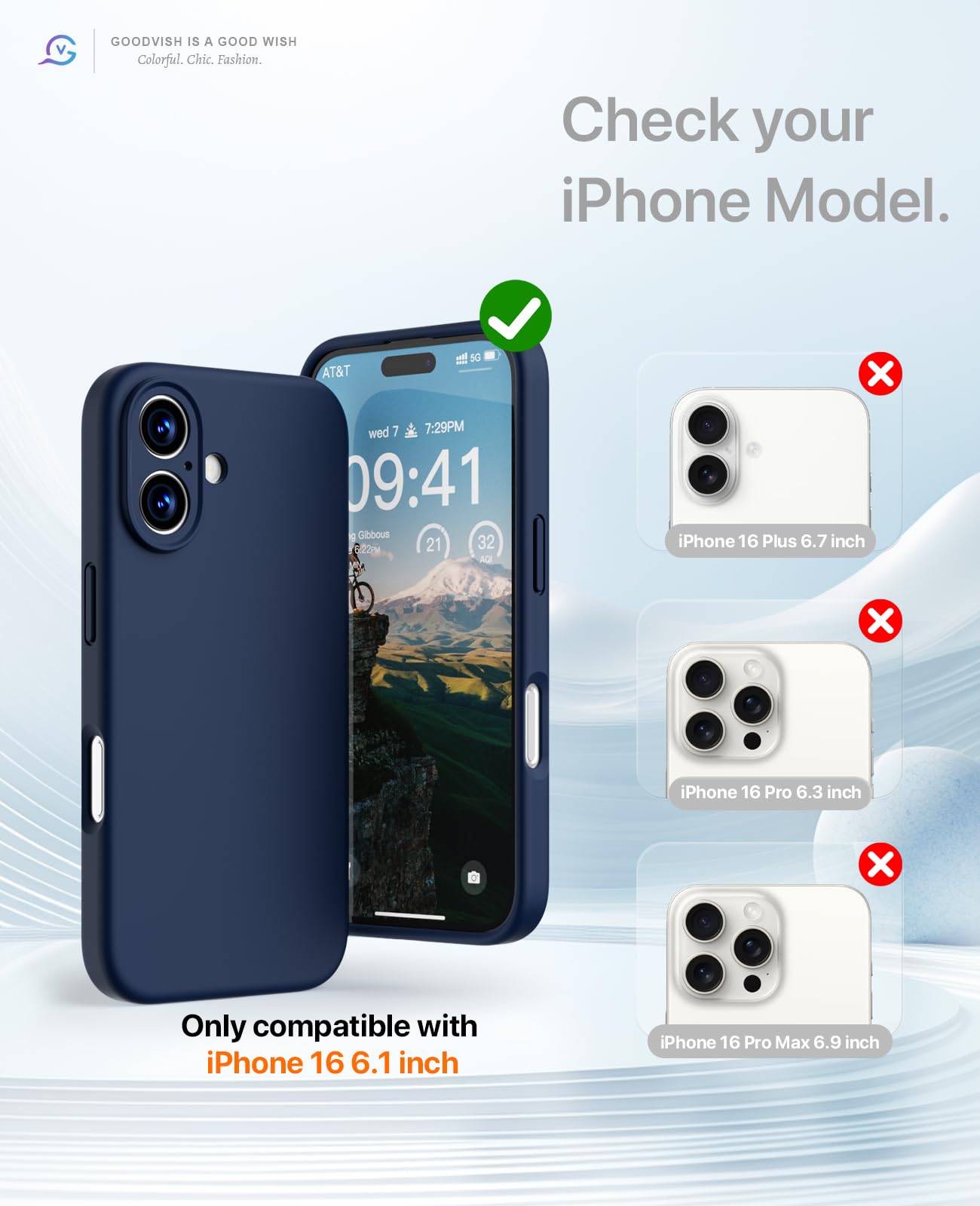 GOODVISH 3 in 1 Silicone Cover per iPhone 16 6.1", Custodia con 2 Pellicola Vetro Temperato [Protezione Fotocamera] 360° Protezione Anticaduta Case per Cellulare Antiurto Resistente, Navy Blu