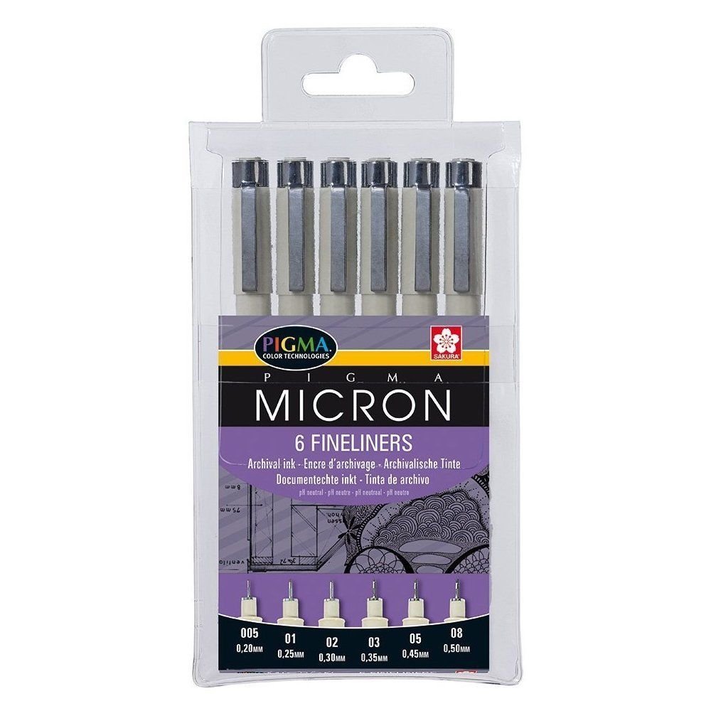PIGMA MICRON Fineliner SET (6 Stifte, schwarz) + Pinselstift Koi Coloring Brush, 12er Etui