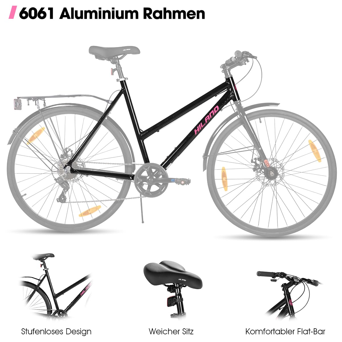 HILAND Bicicleta de Carretera 28 Pulgadas 700C, Bicicleta Urbana de Aluminio con 7 Velocidades y Frenos de Disco, Bicicleta de Ciudad Cómoda para Hombre y Mujer, Negra