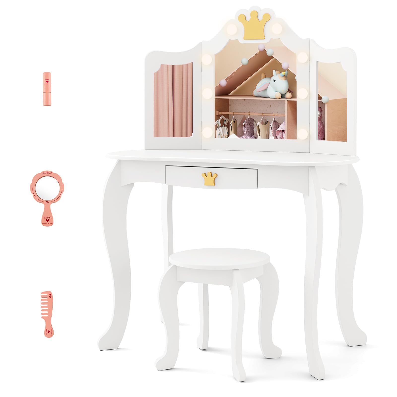 GOPLUS Tocador de Niña con Espejo LED de 3 Colores, Tocador de Maquillaje con Taburete, Espejo de 3 Vías, Accesorios, 2 en 1 Tocador Escritorio con Almacenaje (Blanco)