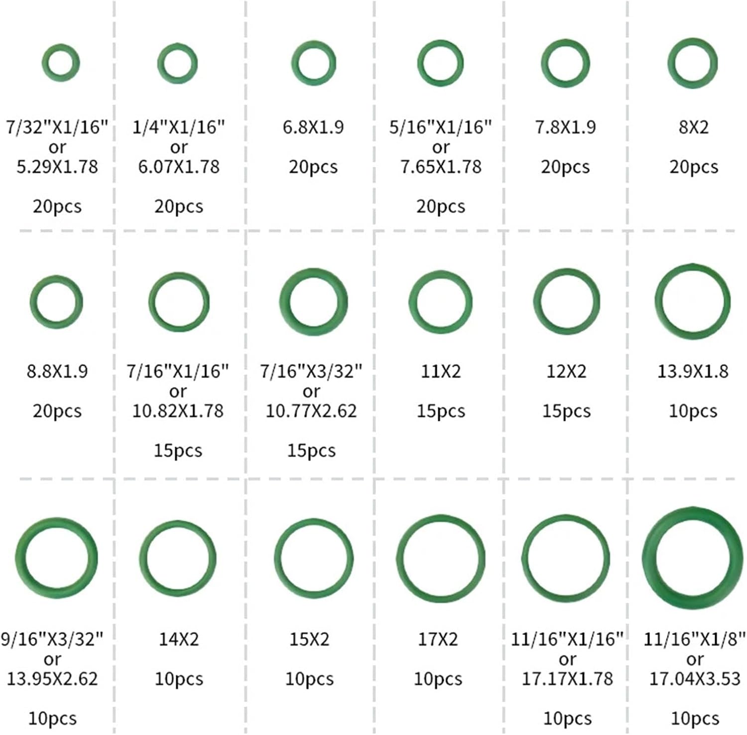 Rubber O-Ring Set O-ring Assortment Seal Kit for Automotive A/C AC Conditioner Pipe Hydraulics Air Gas HVAC R134a R12 Green
