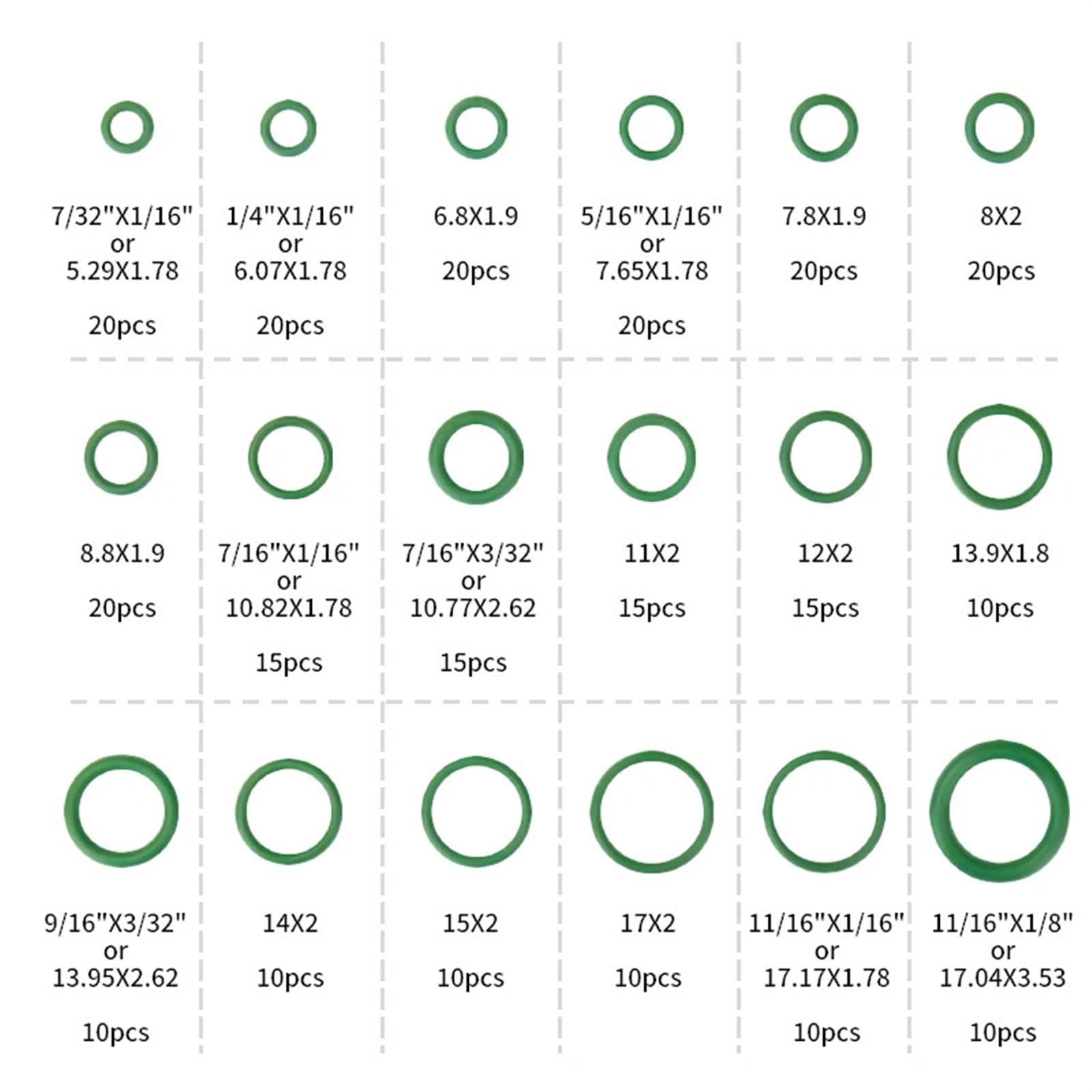 Set di guarnizioni O-ring in gomma, assortimento di guarnizioni O-ring for climatizzatori for autoveicoli, tubi idraulici, aria, gas, HVAC, R134a, R12, verde