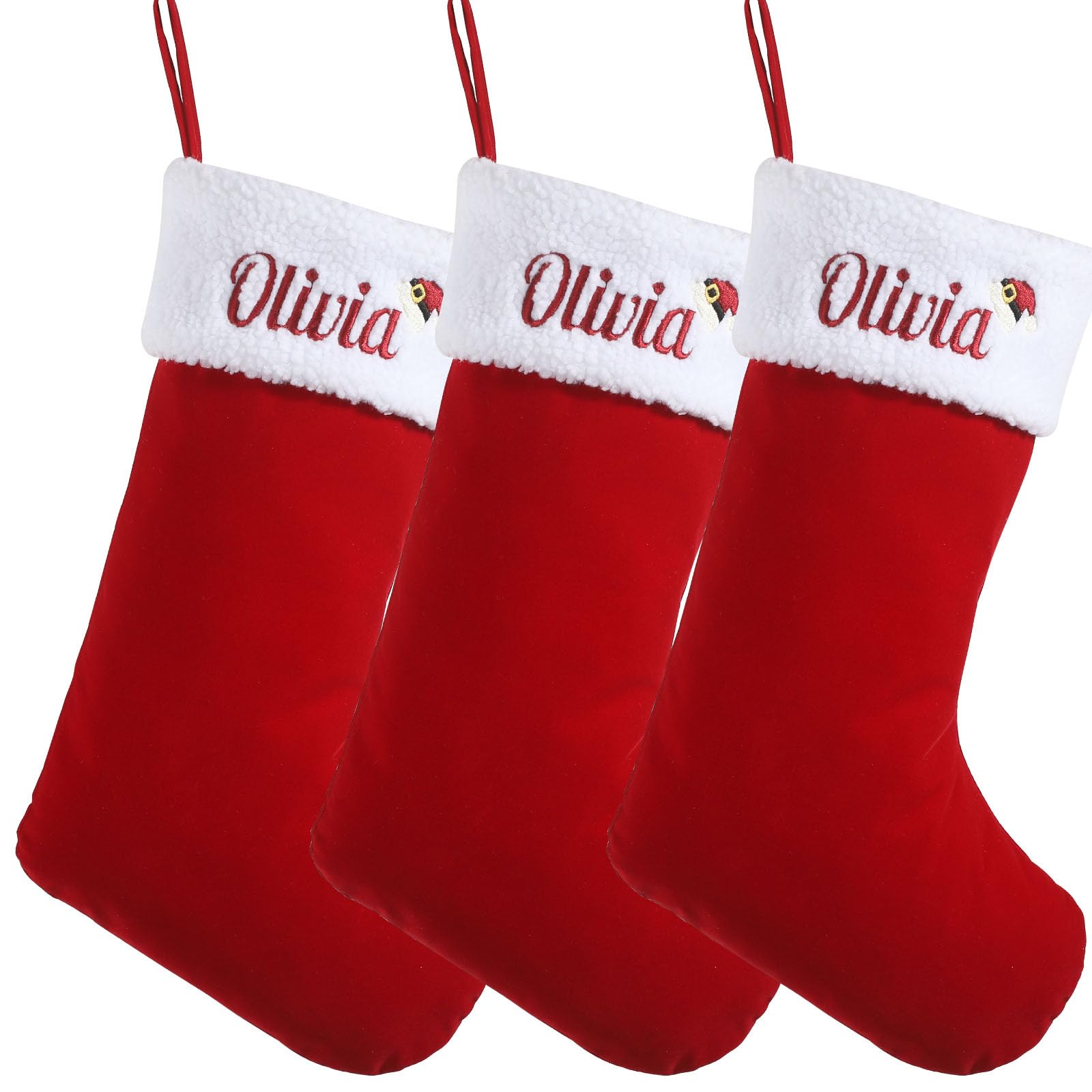 Sleeleece Personalised Christmas Stockings with Names,White Plush Embroidery Christmas Stocking,18 Inches Red Velvet Xmas Stockings,Xmas Fireplace Hanging Stockings Christmas for Kids,Family,Party