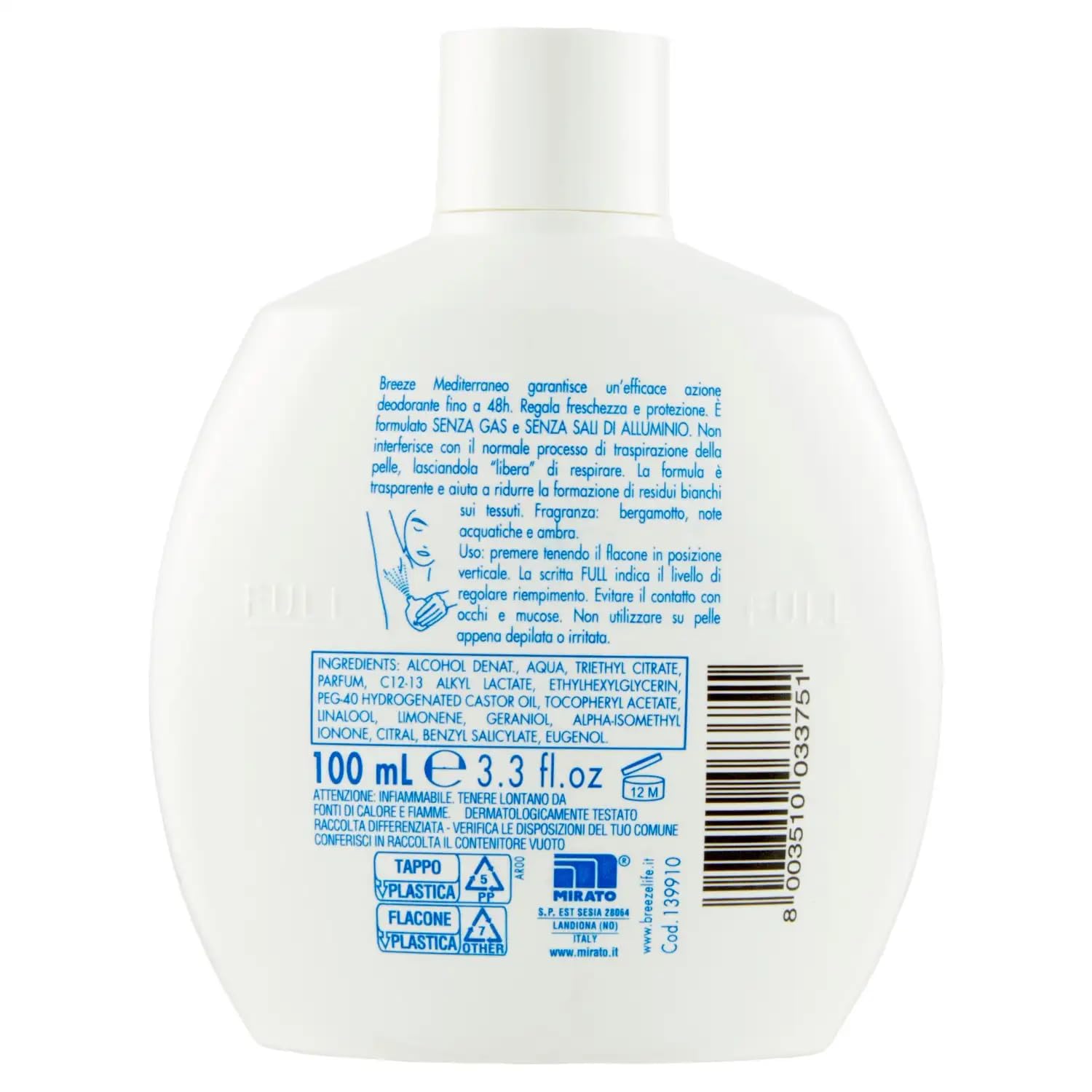 Breeze Mediterraneo - Desodorante Squeeze (12 unidades, sin gas y sin sales de aluminio, desodorante perfumado de 48 horas, 100 ml, incluye llavero Beni Culinari gratuito)