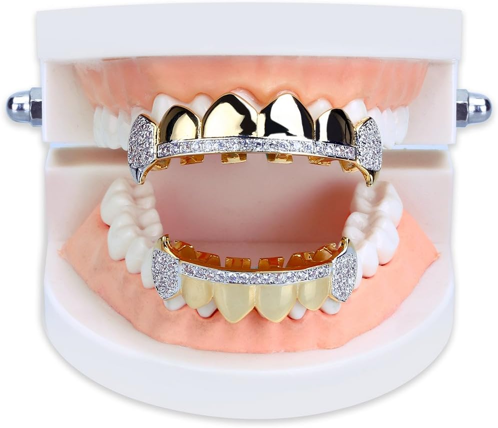 TOPGRILLZ 14K Gold Plated Iced Out CZ Top and Bottom Vampire Fangs Werewolf Grillz for Your Teeth Hip Hop Halloween Accessory