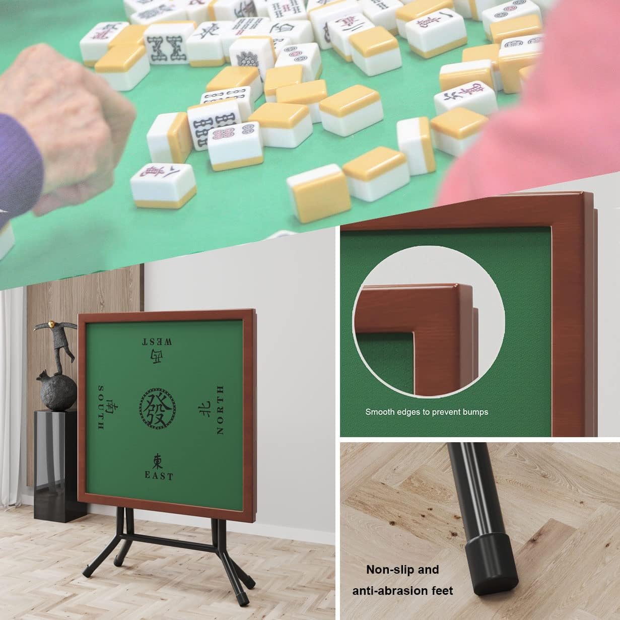 Składany stół mahjong dla 4 graczy z uchwytami na kubki, przenośny drewniany stół do gier planszowych do Majiang, składany stół karciany z szufladą