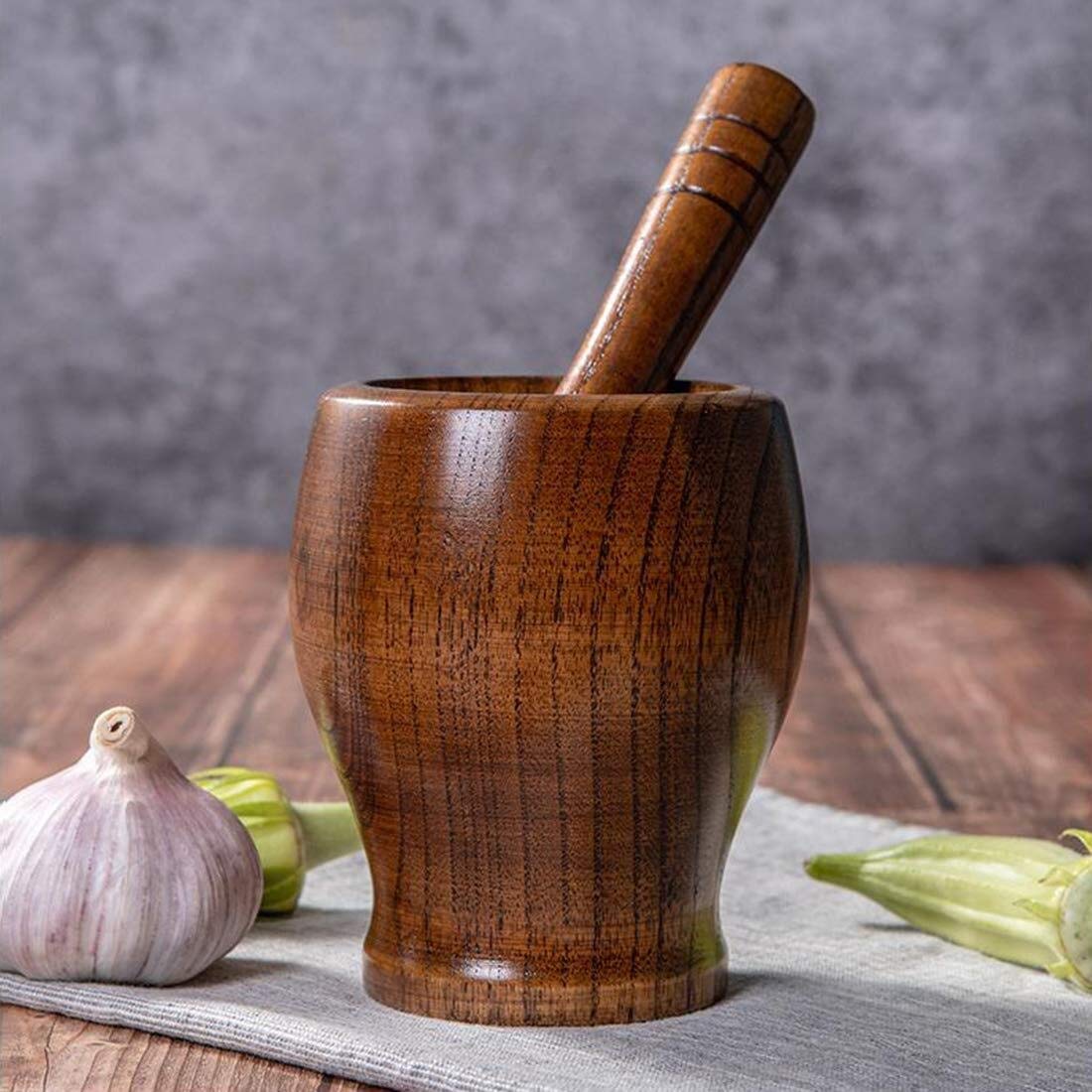 Mörser-Stößel-Set, Stößel und Mörser, Holz, Gewürzmörser aus Holz, Mahlbecher, Gewürzzerkleinerer, Mühle, Gewürzmörser mit Stößel