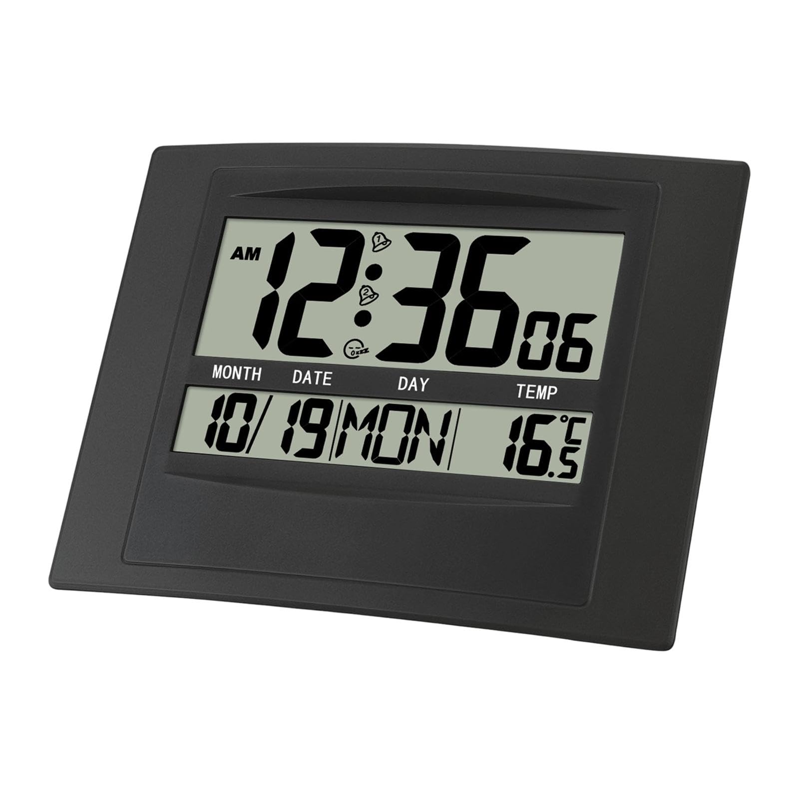 Digitale Wanduhr, geräuschlos, mit Datums-, Innentemperatur- und großem Display, für Nachttisch, Büro, Schlafzimmer oder Wohnzimmer, Schwarz