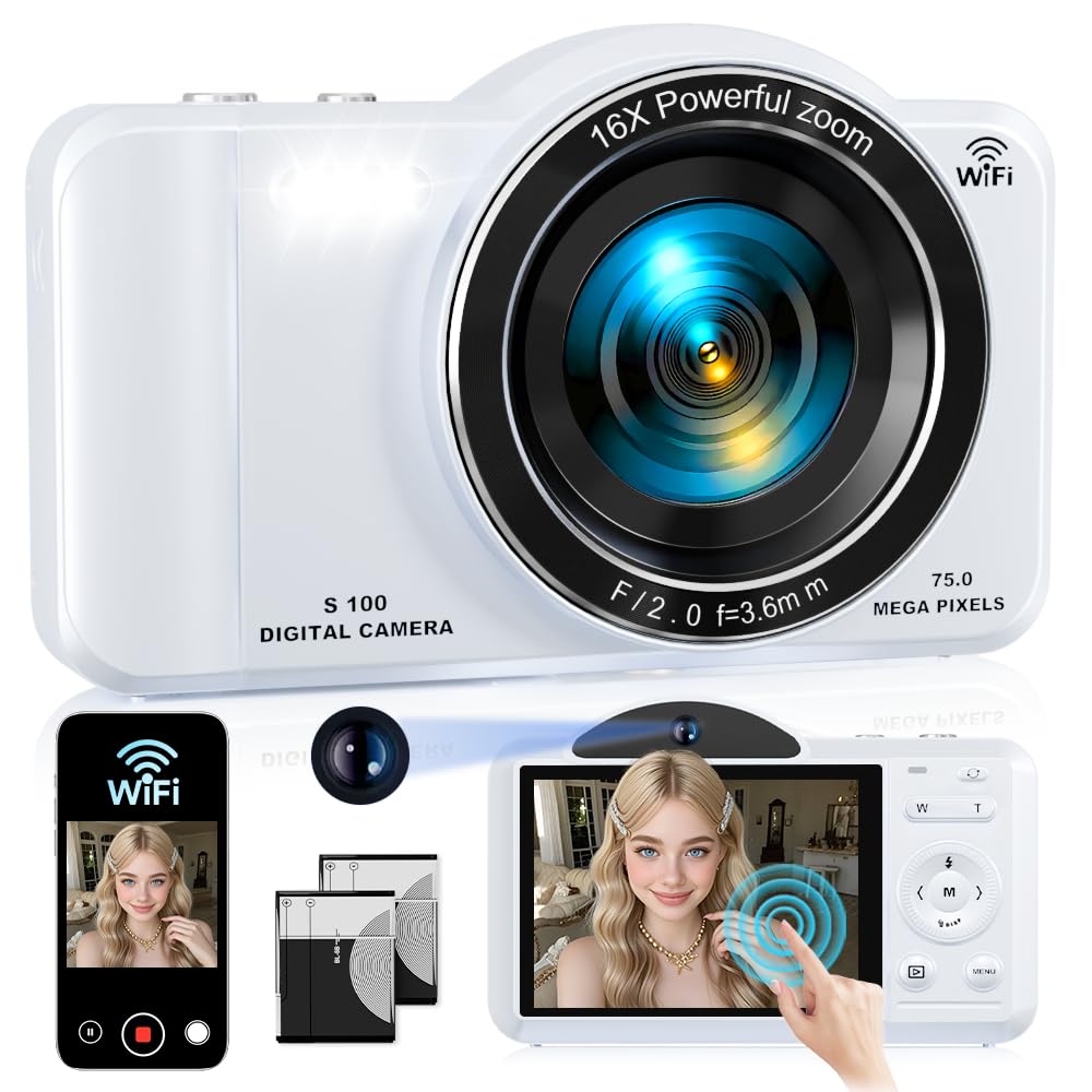 4K 75MP Autofocus Digital Camera, 16X Zoom, 32GB SD Card, WiFi, Touch Screen, White-picture-18