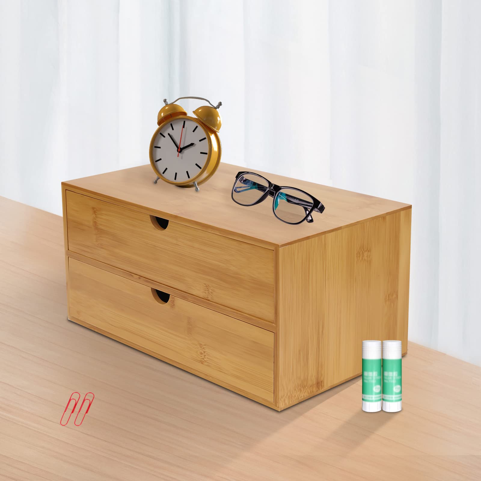 Organizer da scrivania in bambù, con 2 cassetti, per casa, ufficio, ufficio, casa, toilette, 33 x 19 x 16 cm