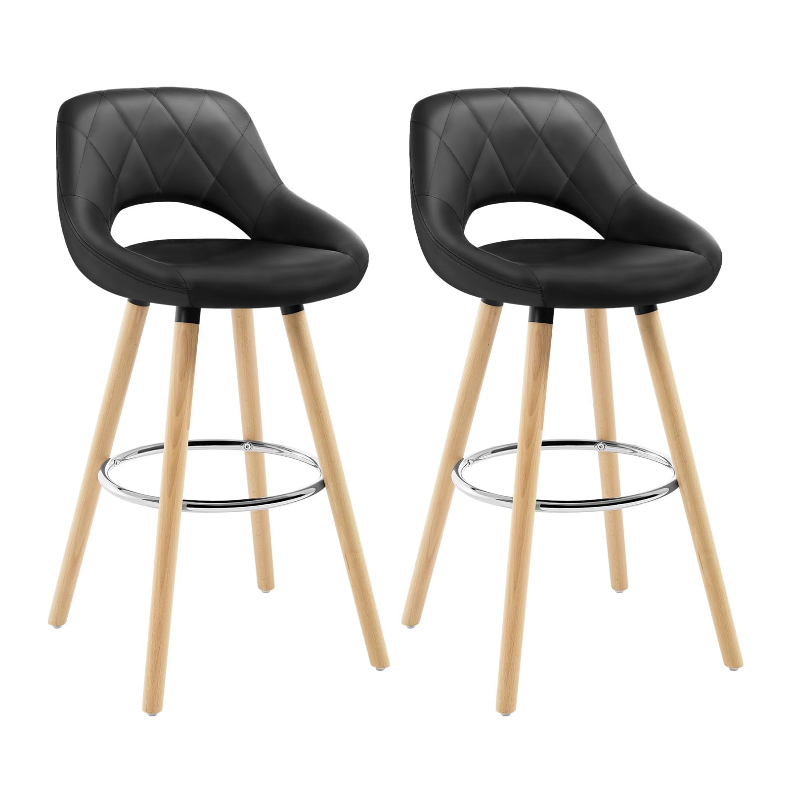 WOLTU Juego de 2 Taburetes Altos con Respaldo Ahuecado y Reposapiés, para Bistro, Cafeteria y Cocina, con Funda de Piel Sintética y Patas de Madera, Negro