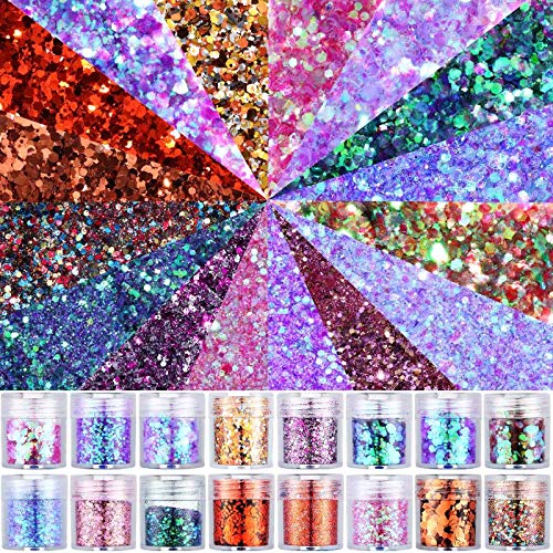 16 Bottles Chunky Glitters Sequins Resin Glitter Flakes for Body Face Hair Make Up Nail Art and DIY (Mix Style)