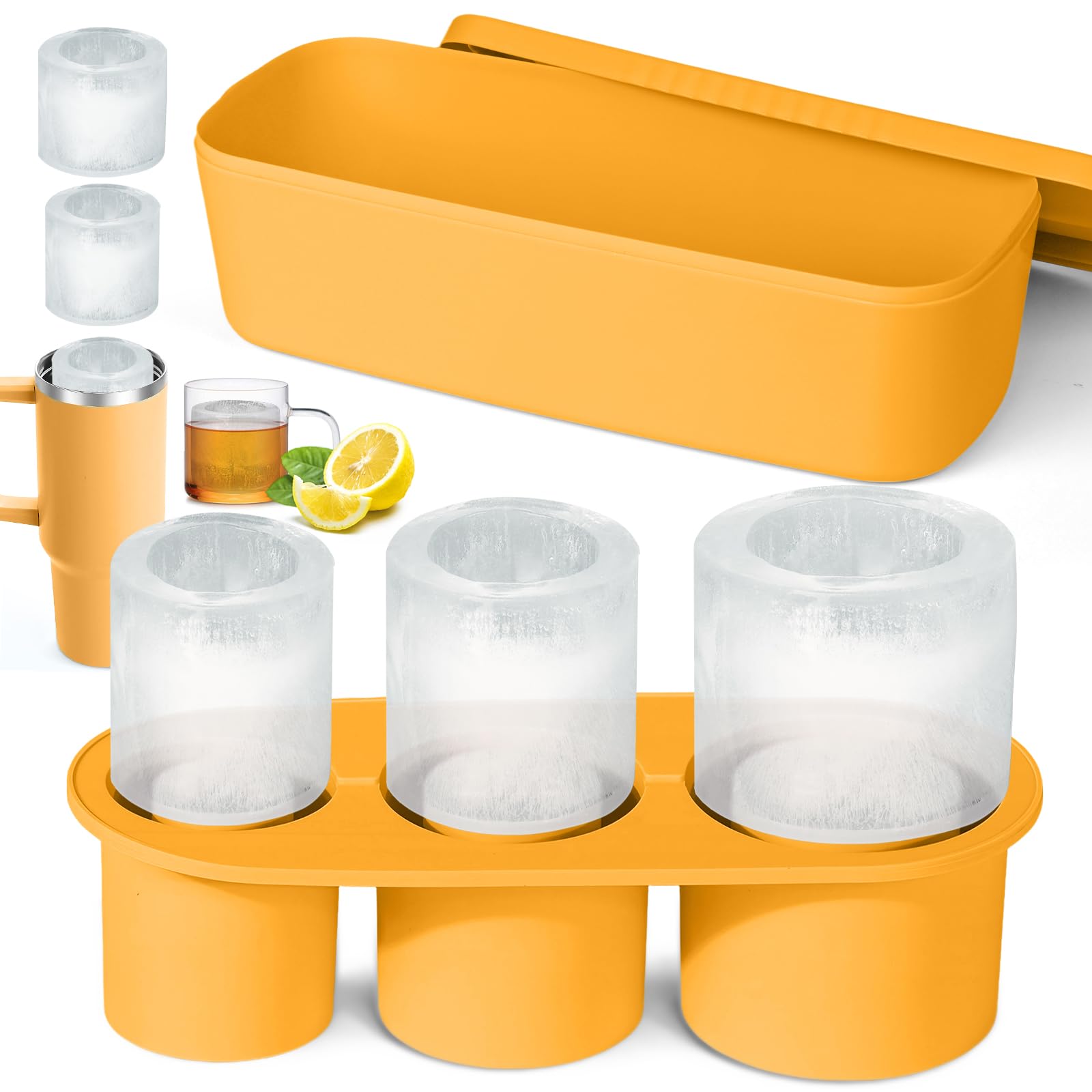 Ice Cube Tray for Stanley Cup, 3pcs Large Silicone Cylinder Ice Cube Molds for 20-40oz Tumbler Cup, Ice Maker for Freezer With Lid and Bin, Ice Drink, Juice, Whiskey, Cocktail, Tea, Coffee (Yellow)