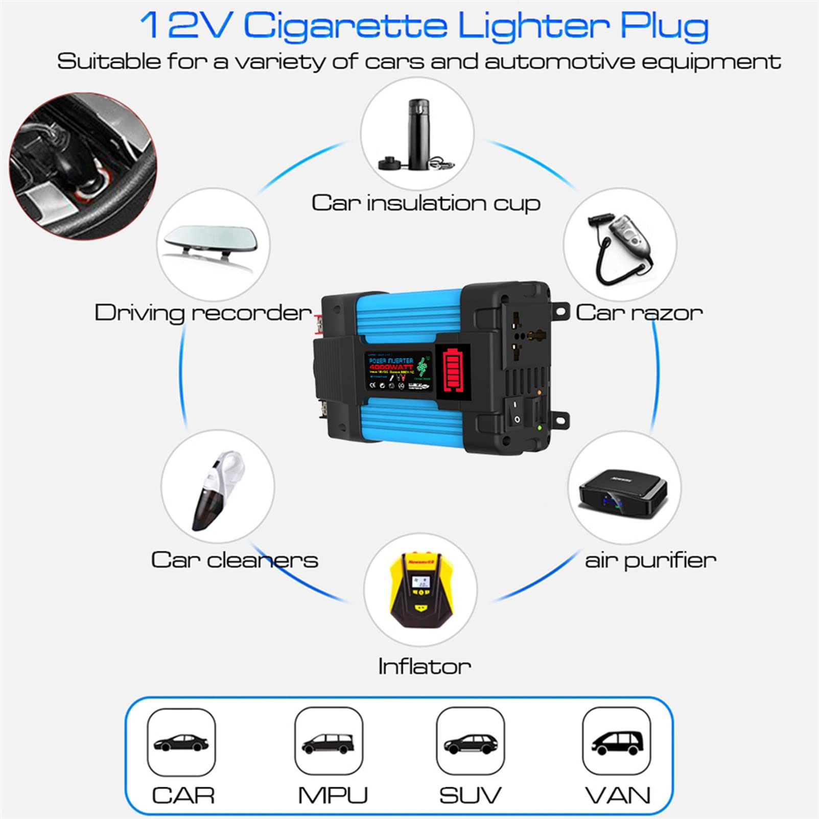 Falownik 300W 500W Samochodowy Przetwornica Napięcia DC 12V do 110V 220V AC, z Wyświetlaczem LED, Dwoma Portami USB Gniazdko Samochodowe do Laptopa,300W-220V