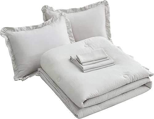 Miniatura 5 de Chezmoi Collection Eleanora - Juego de cama matrimonial en una bolsa, 7 piezas con ribete de volantes, suave y lavado, de microfibra de doble