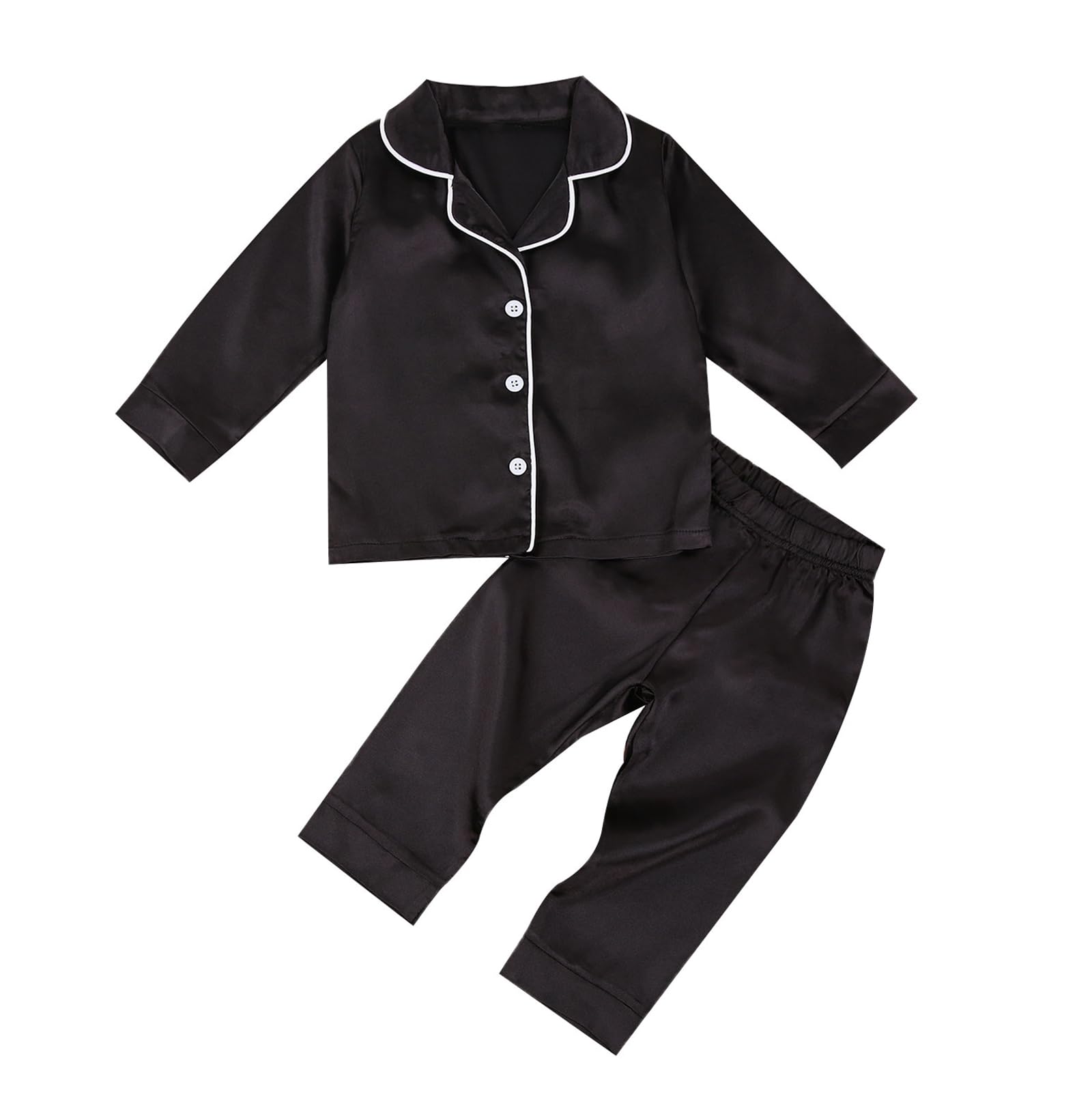 Kids Baby Girl Boy Satin Pajamas Set Button Down Sleep Shirt Top+Long Pants Bottoms Sleepwear Loungewear Clothes (W Black, 2-3 Years)