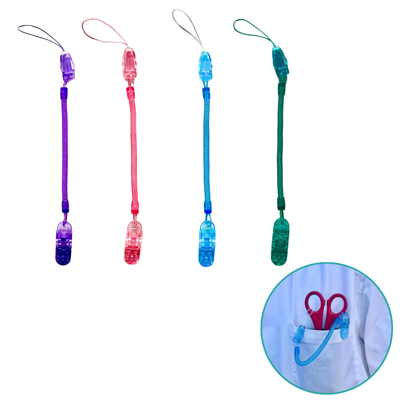 4 Porta Tijeras de Muelle Extensible para Enfermería. Cuelga Accesorios a tu Bolsillo y no lo Pierdas. 4 Colores: Verde, Azul, Morado y Rosa.