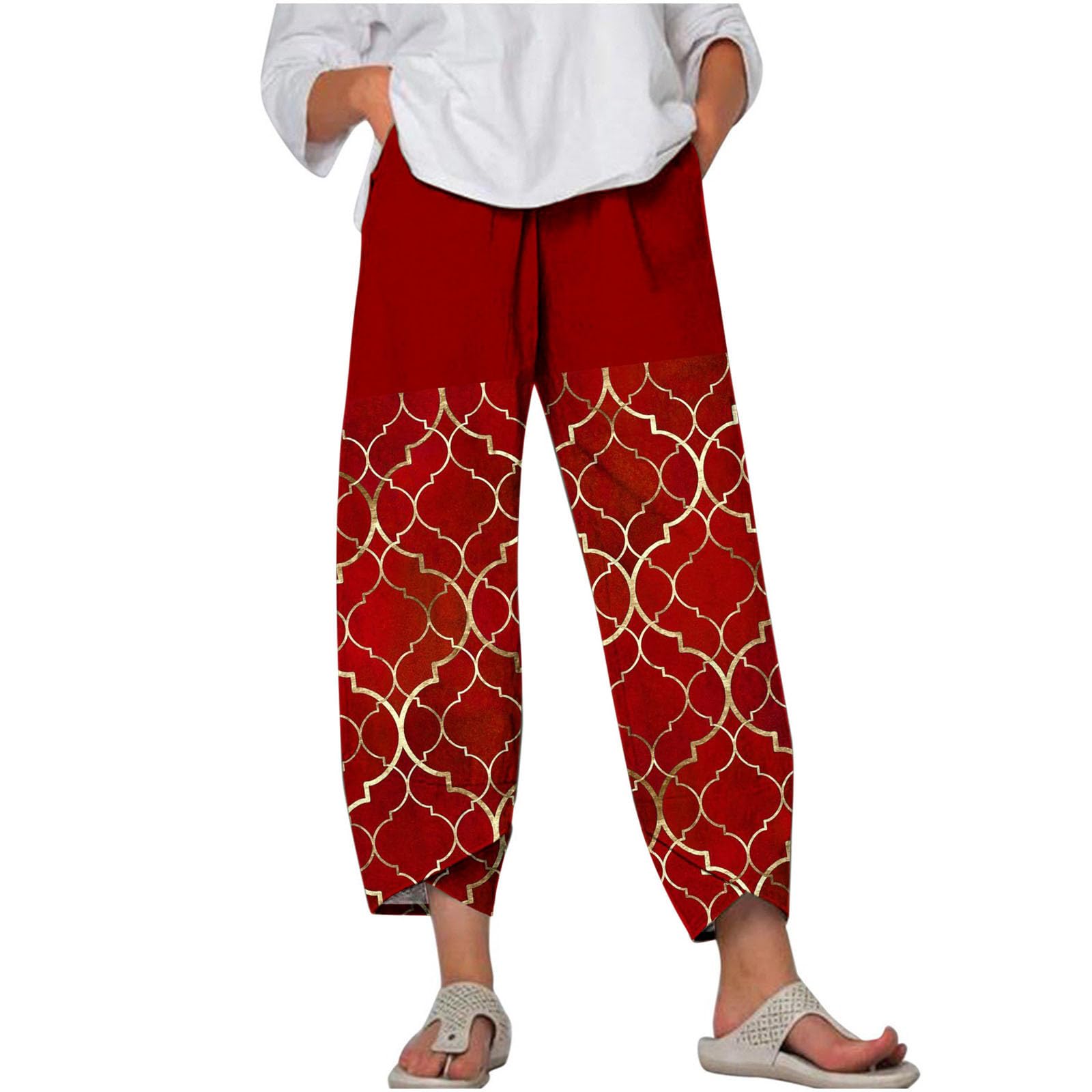 7/8 Hosen Damen Sommer Musselin Leinen Damen Hose Leinen Baumwolle Farbverlaufsdruck Sommerhose Casual Leichte Bequeme Luftige Freizeithose Strandhose Mit Taschen Stretch High Waist mit Kordelzug