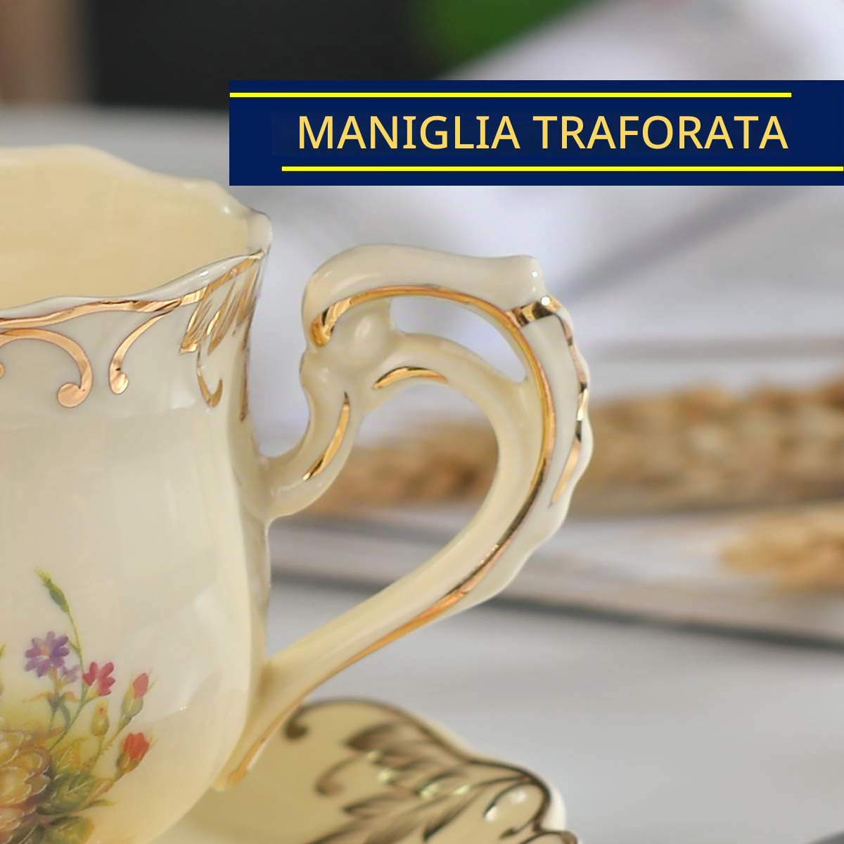 YOLIFE Set di 2 tazze da tè in ceramica color avorio, tazza da tè inglese con piattino, bordo con foglie dorate