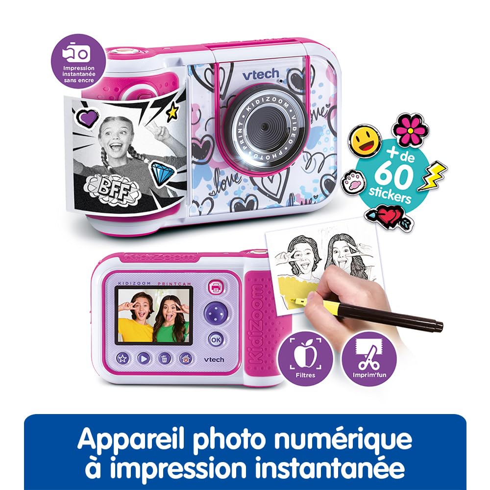 VTech Kidizoom Printcam, kindercamera met 40 speciale effecten, instant camera voor kinderen, thermisch papier inbegrepen, 5 MP, Italiaanse taal, batterijen inbegrepen, 5-12 jaar