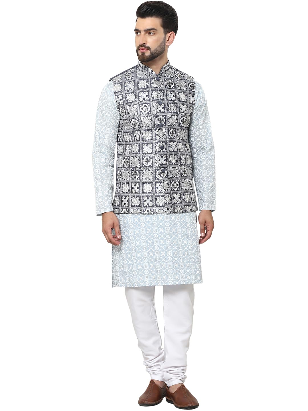 sojanya (Since 1958 Men's Cotton Embroidered Kurta and White Pyjama with Embroidered Nehru Jacket-picture-36