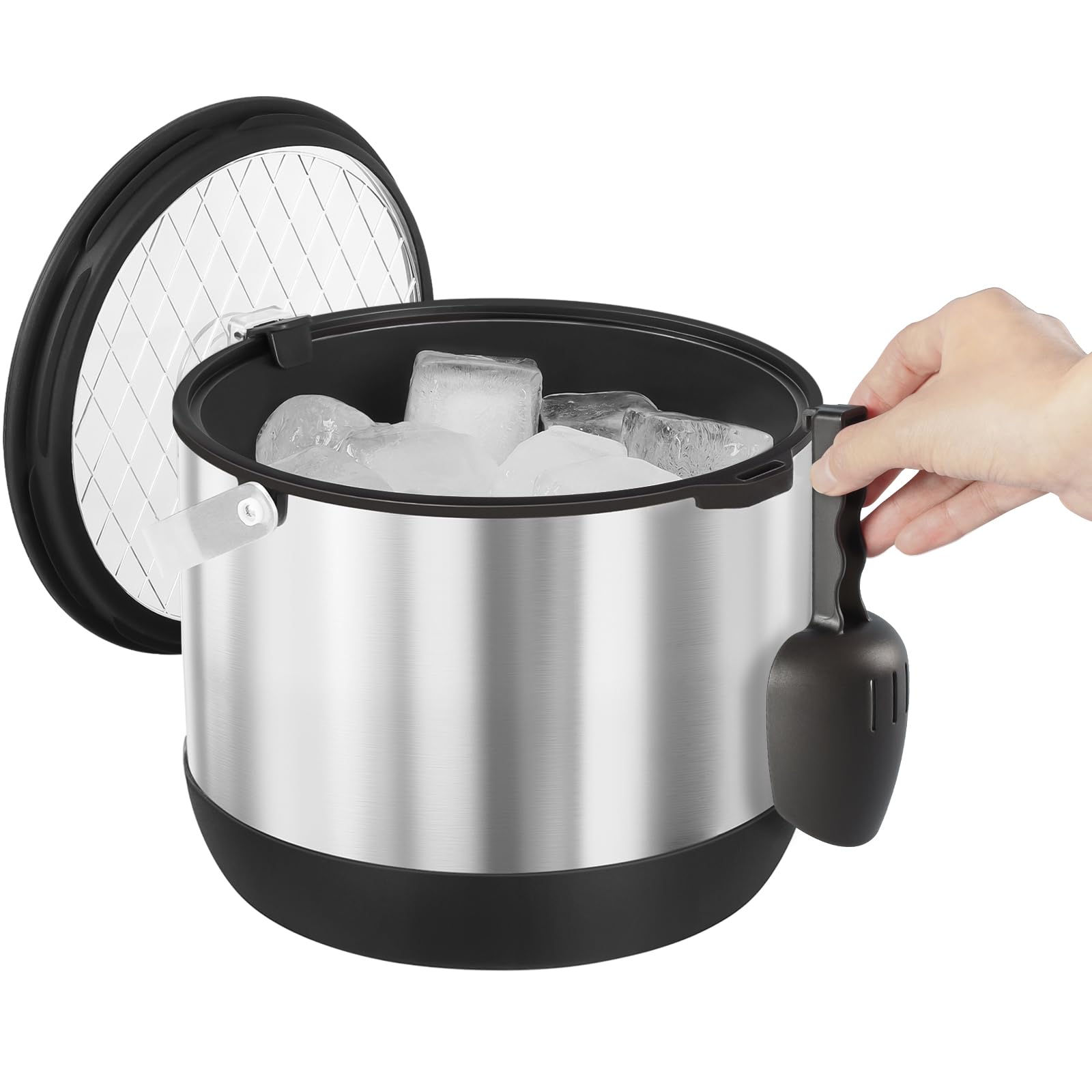 Grande secchiello per il ghiaccio in acciaio inox da 4,8 l, con coperchio in silicone, paletta e colino, ben fatto, isolato sottovuoto, a doppia parete, per cocktail bar, feste (nero)