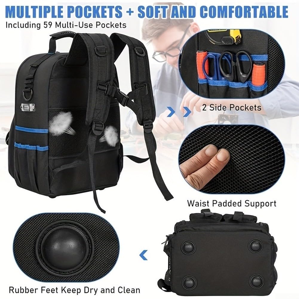 Sac à dos de rangement professionnel avec pieds en caoutchouc et sangles ergonomiques pour un transport confortable de matériel lourd Noir
