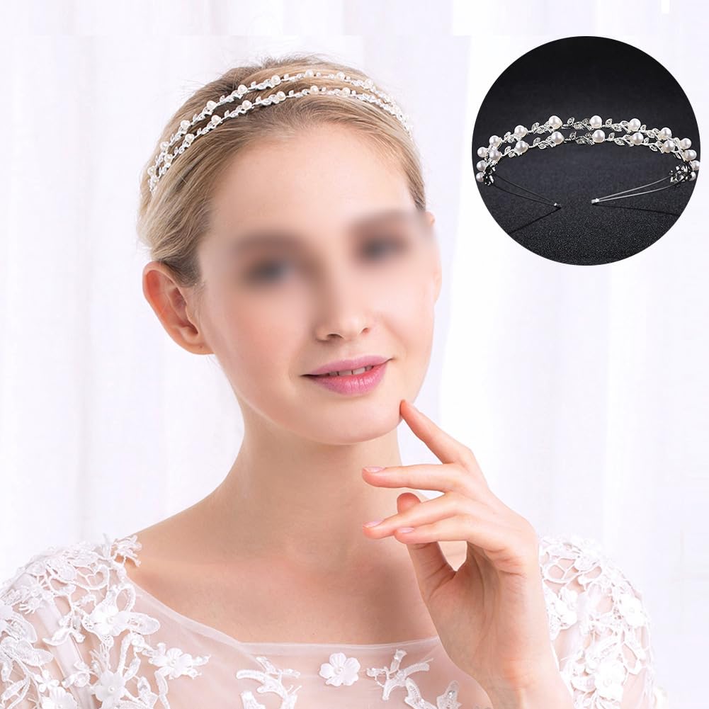 Double band pearl and silver Wedding Head Band PETRA | A Crystal and Pearl Beaded Bridal Double Headband  main image 4