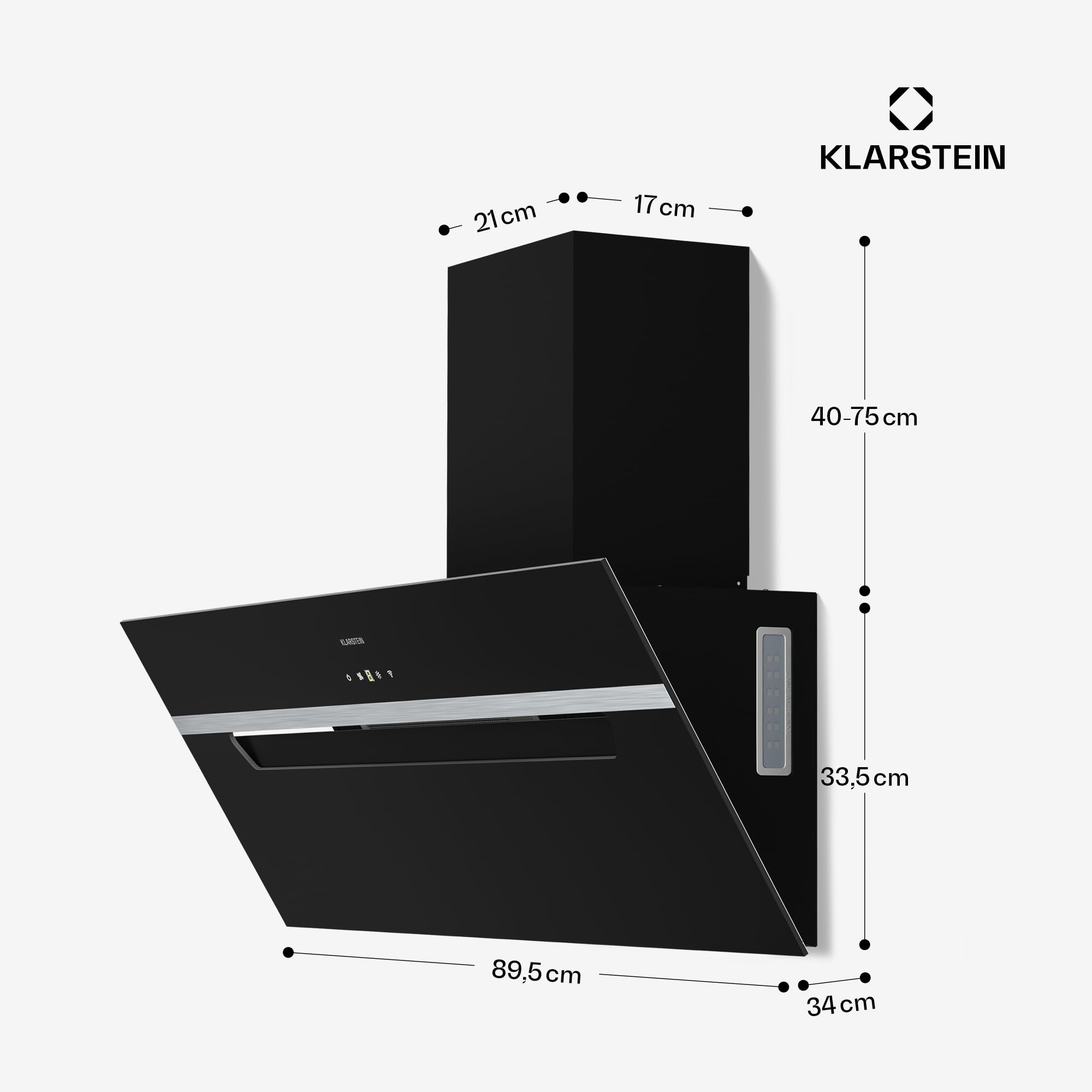 Klarstein BigBite Cappe Inclinate 90cm - Cappa Angolare, 417 m³/h Boost, Touch, LED, A+++, 3 Velocità, Filtro Carbone, Scarico & Ricircolo, Design Vetro, Cappa Cucina Moderna, Nero