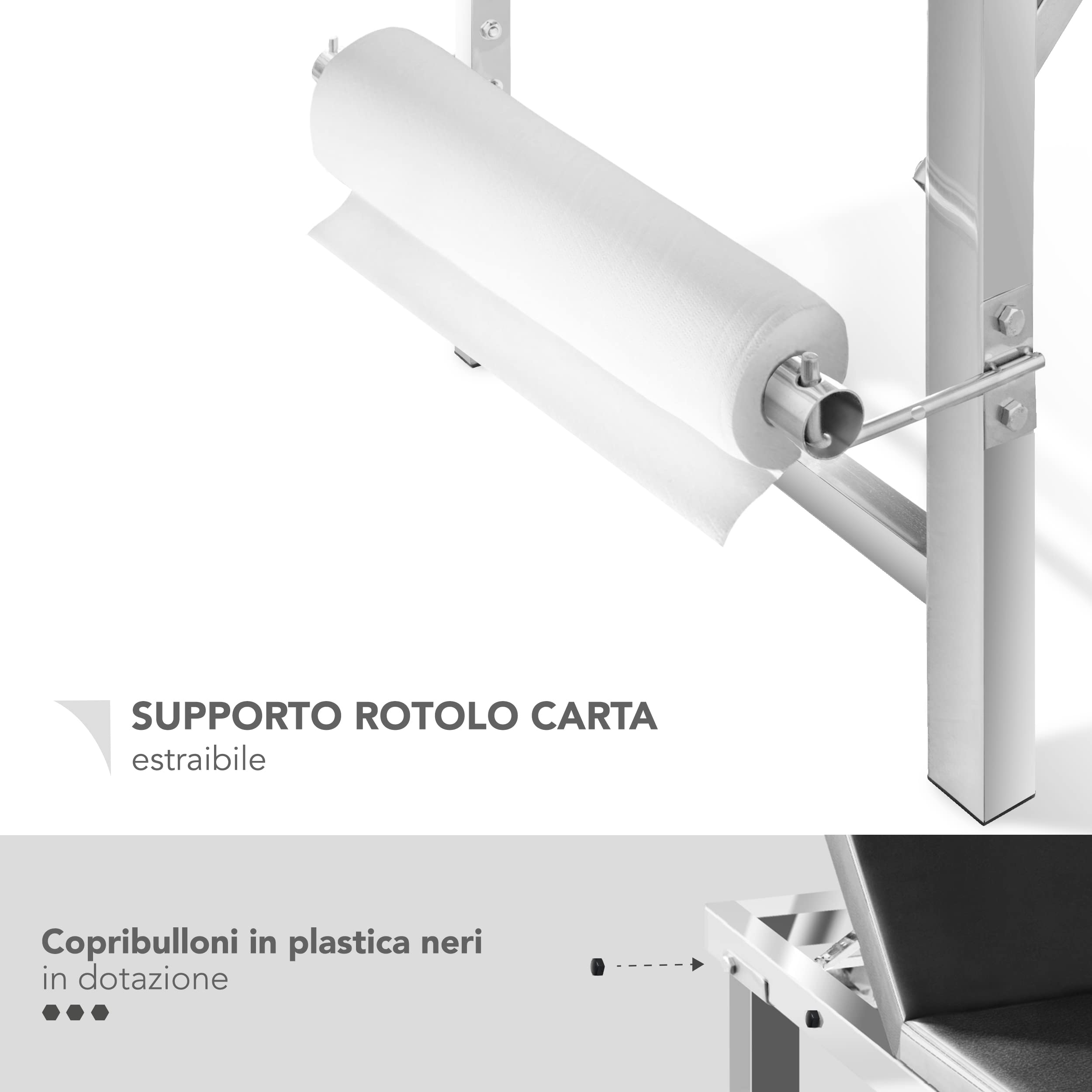 AIESI® Ognioodporny stół do badań lekarskich ze stali nierdzewnej z 1 przegubem, kolor czarny, z uchwytem na rolkę, udźwig 150 kg, 24-miesięczna gwarancja włoska