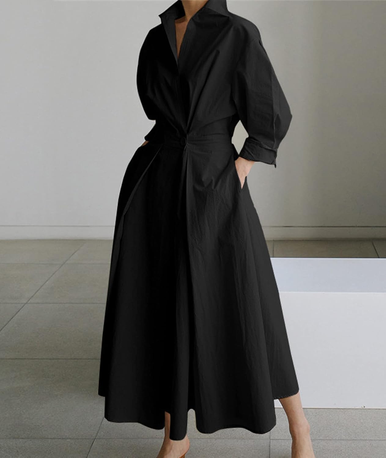 SEMATOMALA Women's Lapel Collared Maxi Blouse Dress V Neck Elegant Batwing Long Sleeve A-line Pleated Shirt Long Dress - Image 4