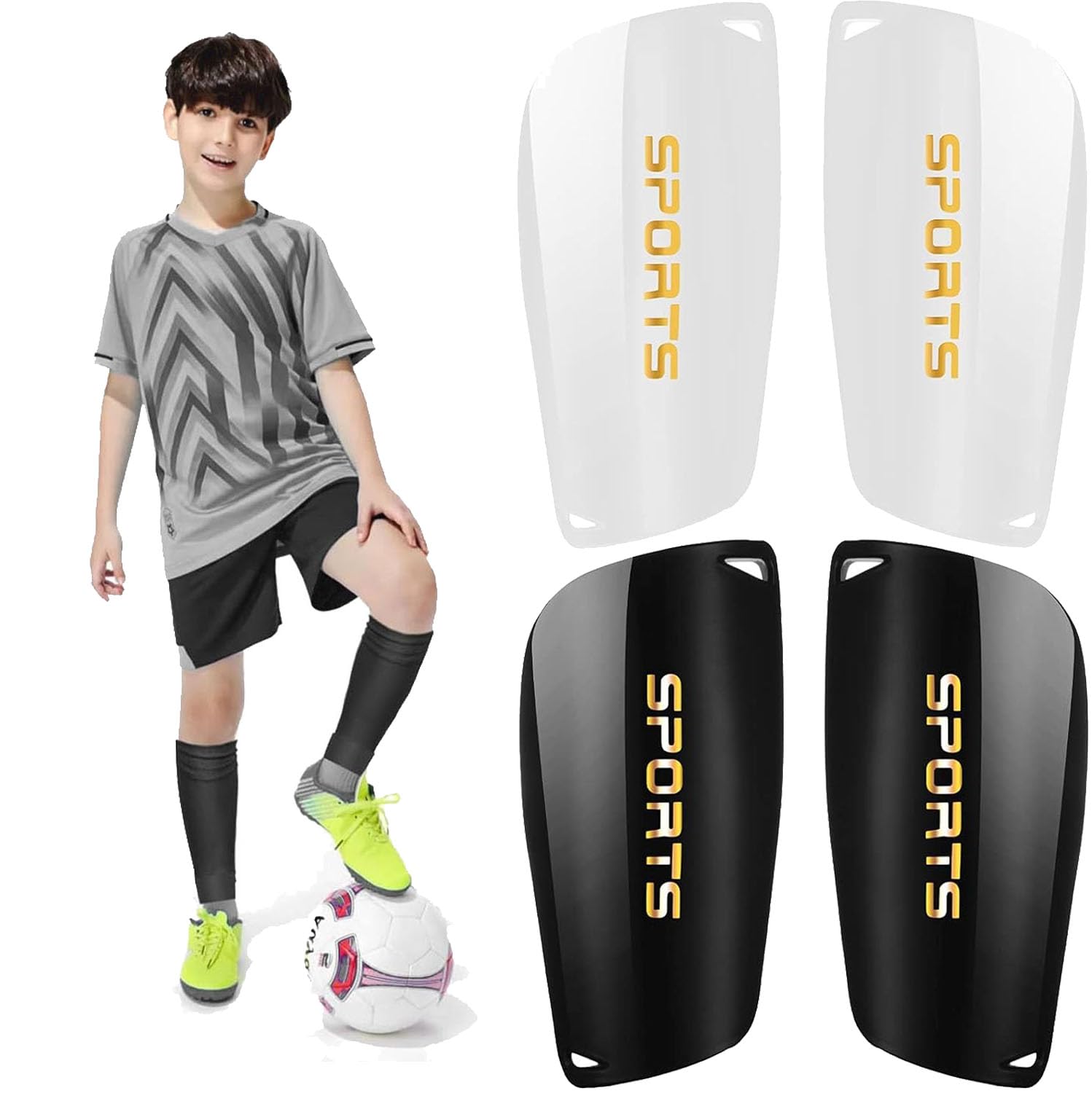 2 Pair Soccer Shin Guards Kids Youth, Shin Pads for 3-15 Years Old Boys and Girls Football Games EVA Cushion Protection Reduce Shocks and Injuries Lightweight Equipment (Black and White, S)