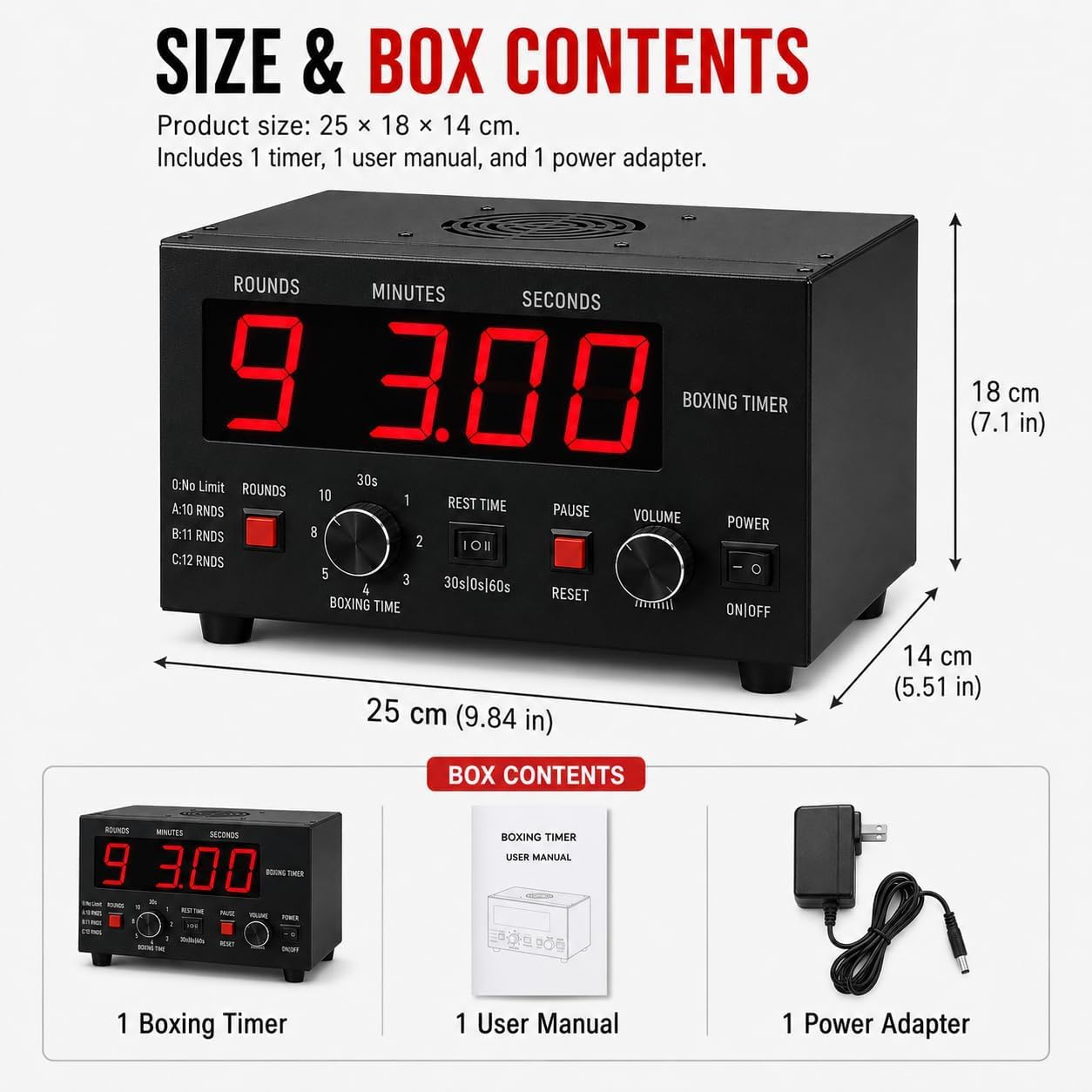 Timer portatile a intervalli di boxe, display a LED, 1-12 o giri illimitati