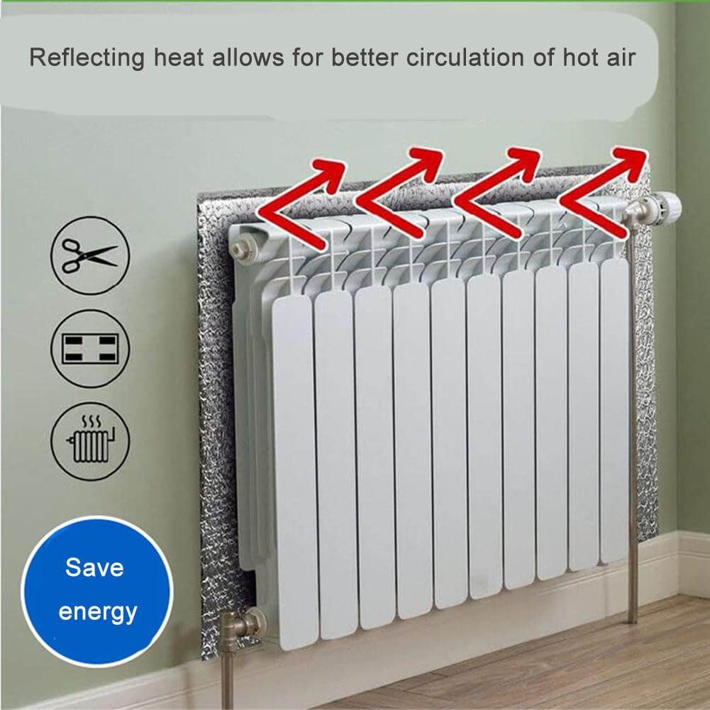 Pannello Termoriflettente per Termosifoni, Pannelli Riflettenti per Termosifoni con Nastro Adesivo, Isolante Termico Alte Temperature per Finestra Parete Vetro(W 60 x H 220 cm)