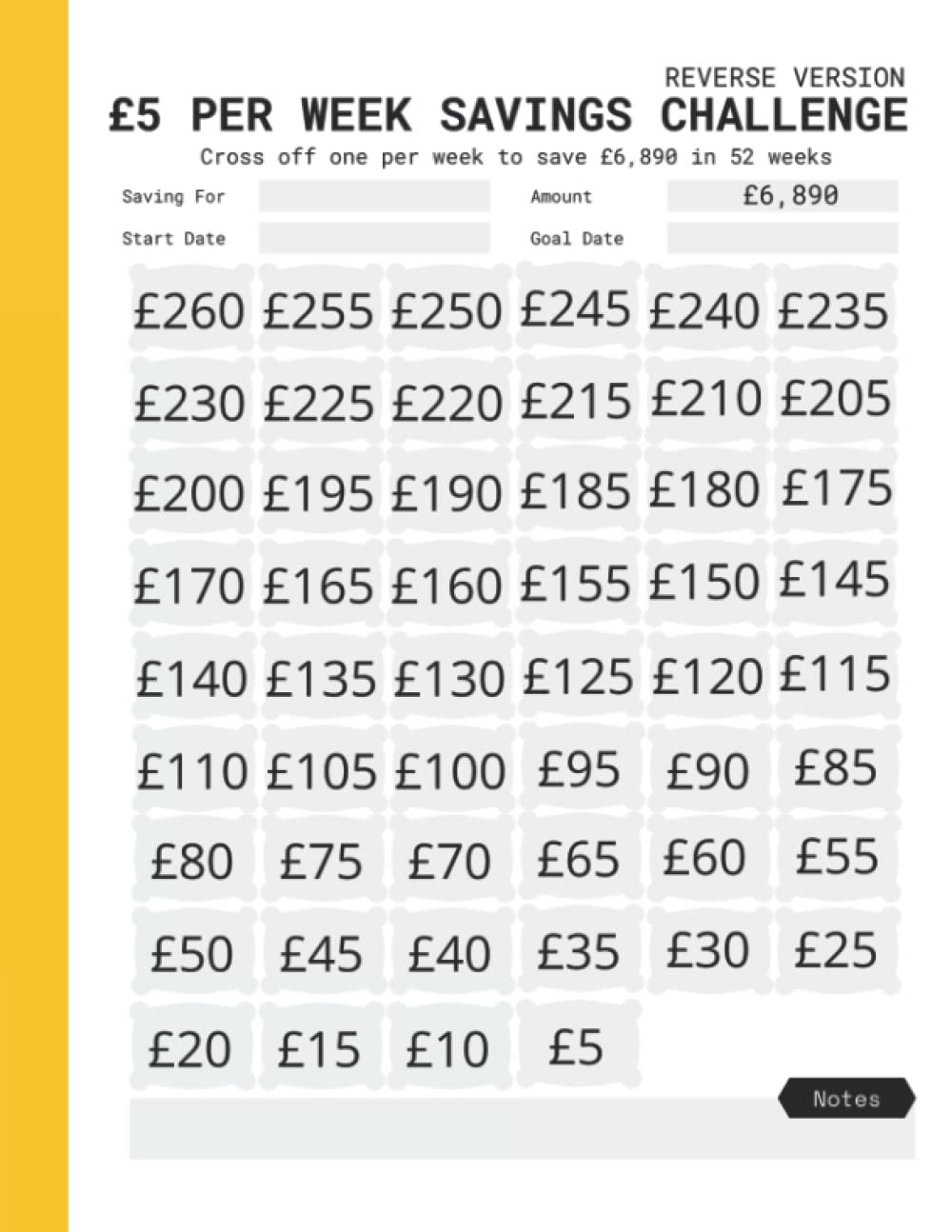 5 Pounds sterling Weekly Savings Challenge: £5 Per Week Saving Planner To Save £6000 And £890 In 12 Months