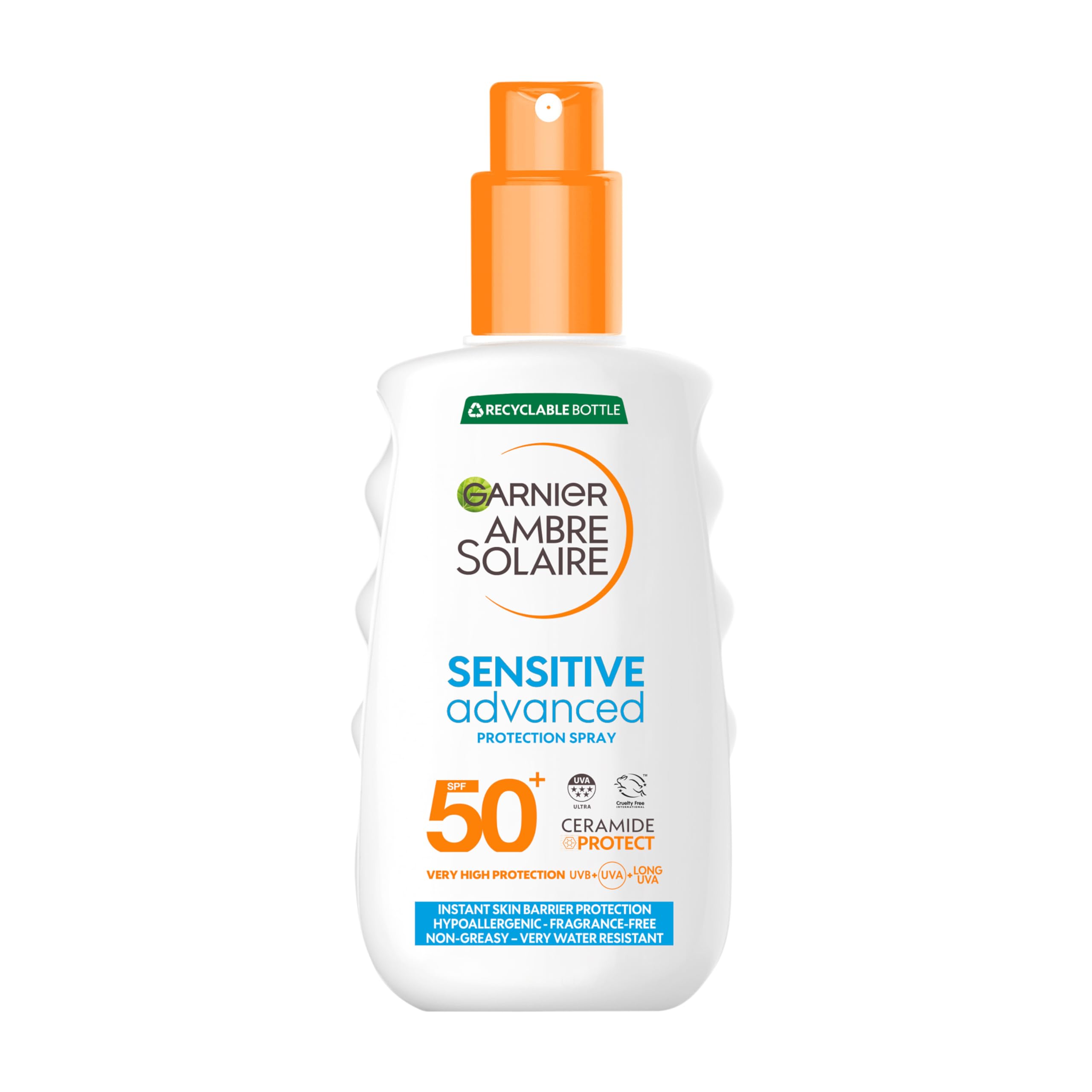 Ambre Solaire SPF 50+ Sensitive Advanced Sun Cream Spray, High Protection, Factor 50, Water Resistant, Non-Greasy, Fragrance-Free, Hypoallergenic, UVA UVB Protection with Ceramide, 150ml