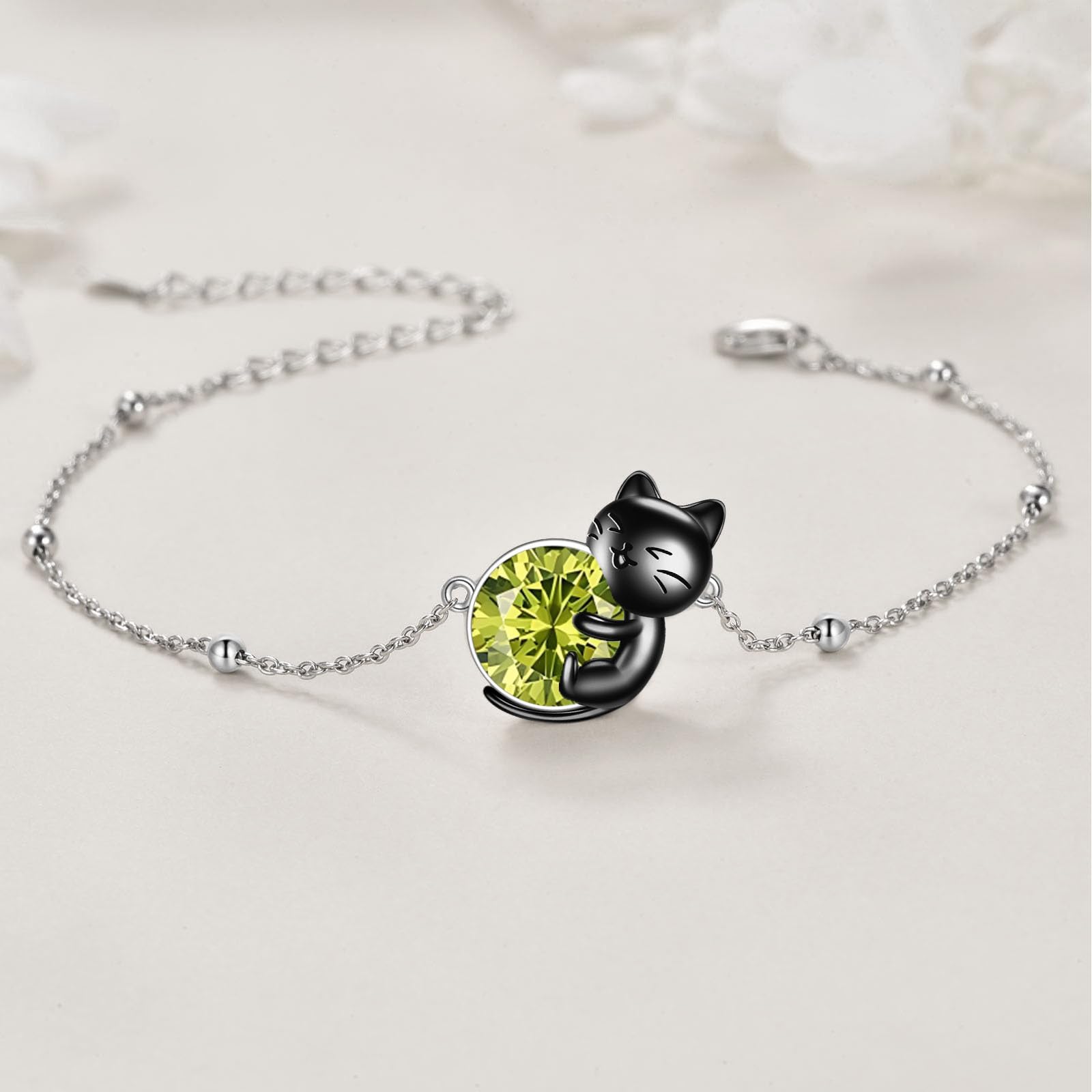 Vadmans Braccialetto con gatto in argento Sterling 925 con pietra portafortuna / quarzo rosa / pietra di luna/gatto braccialetto gioielli animali gatti amanti regali per donne moglie madre
